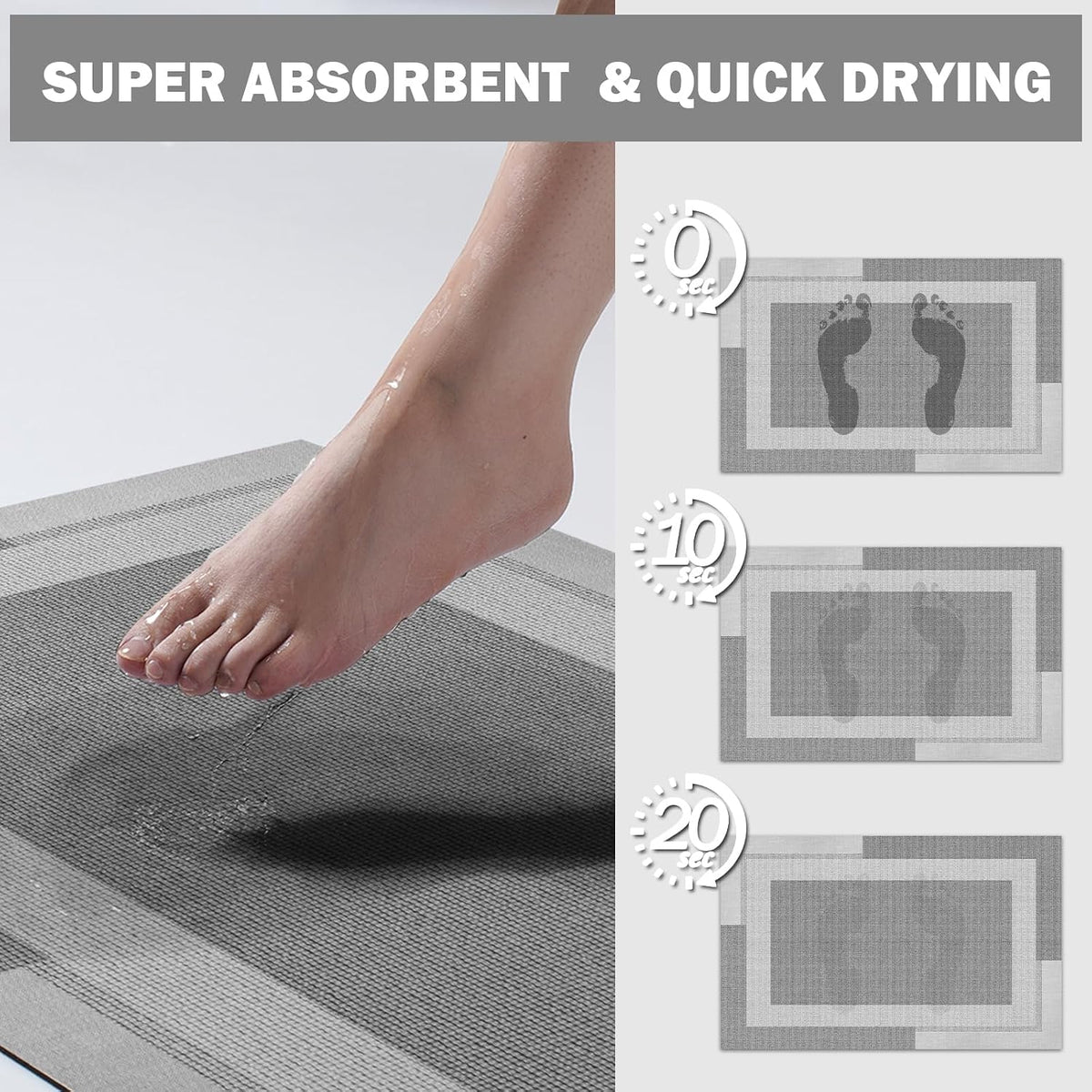 YDKGL Non Slip Bath Mat Thin Bathroom Rugs Fit Under Door Grey 16"x 24"