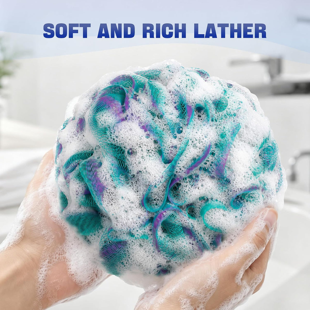 AmazerBath Loofah Sponge 60g/Piece, Exfoliating Bath Sponge Body Scrubber - Loofa Set of 4 Flower Color (Green-Purple)