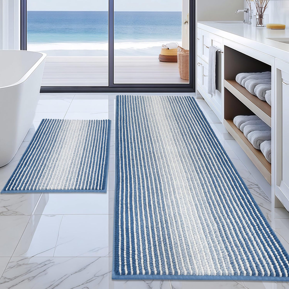 BSICPRO Bathroom Rugs Sets 2 Piece, Non Slip Striped Bath Mats, Fog Blue