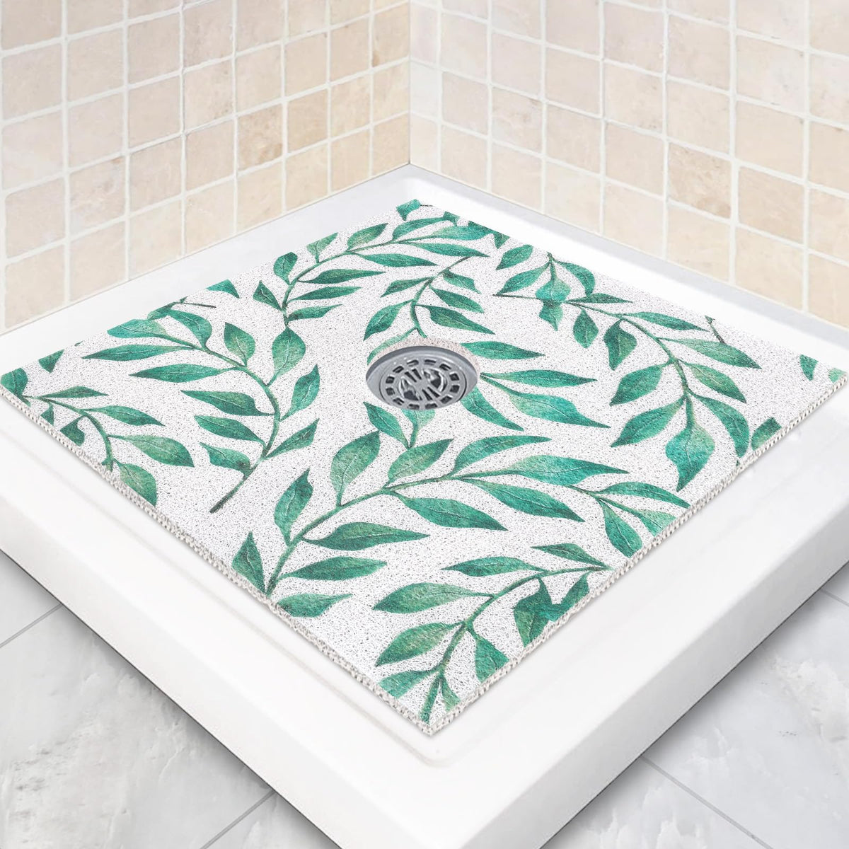 Square Shower Mat Non Slip: 24 x 24 Inch Shower Mats with Drain Hole in Middle - PVC Loofah Anti Slip Shower Floor Matt for Inside Shower