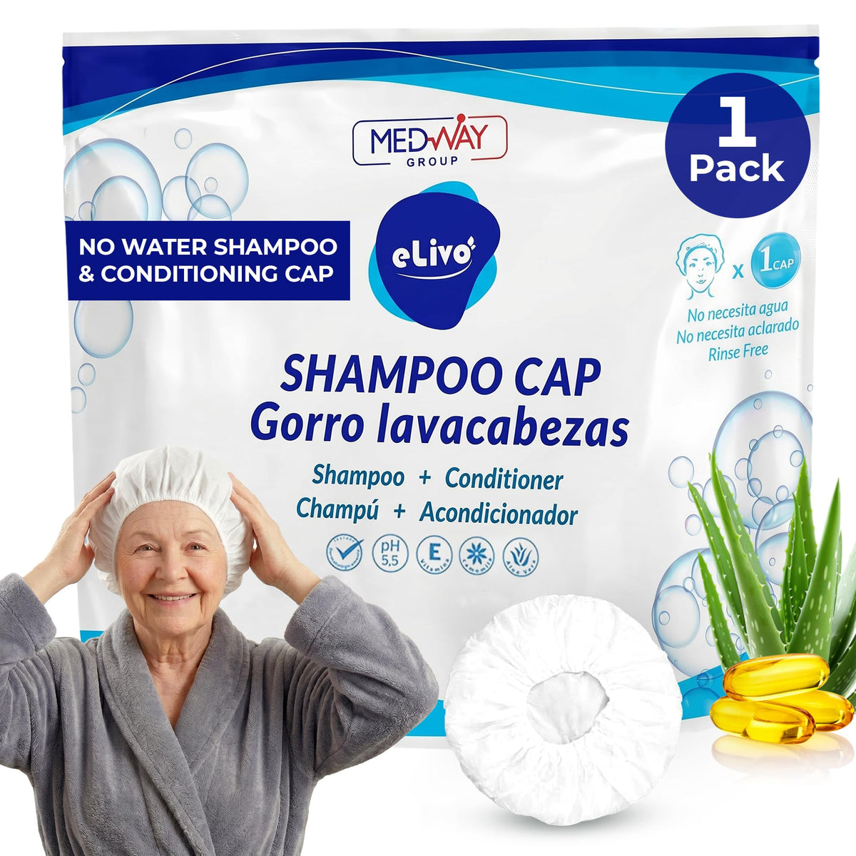 MedVance Rinse Free Shampoo & Conditioning Shower Cap Dry Hair Wash, 3 Pack