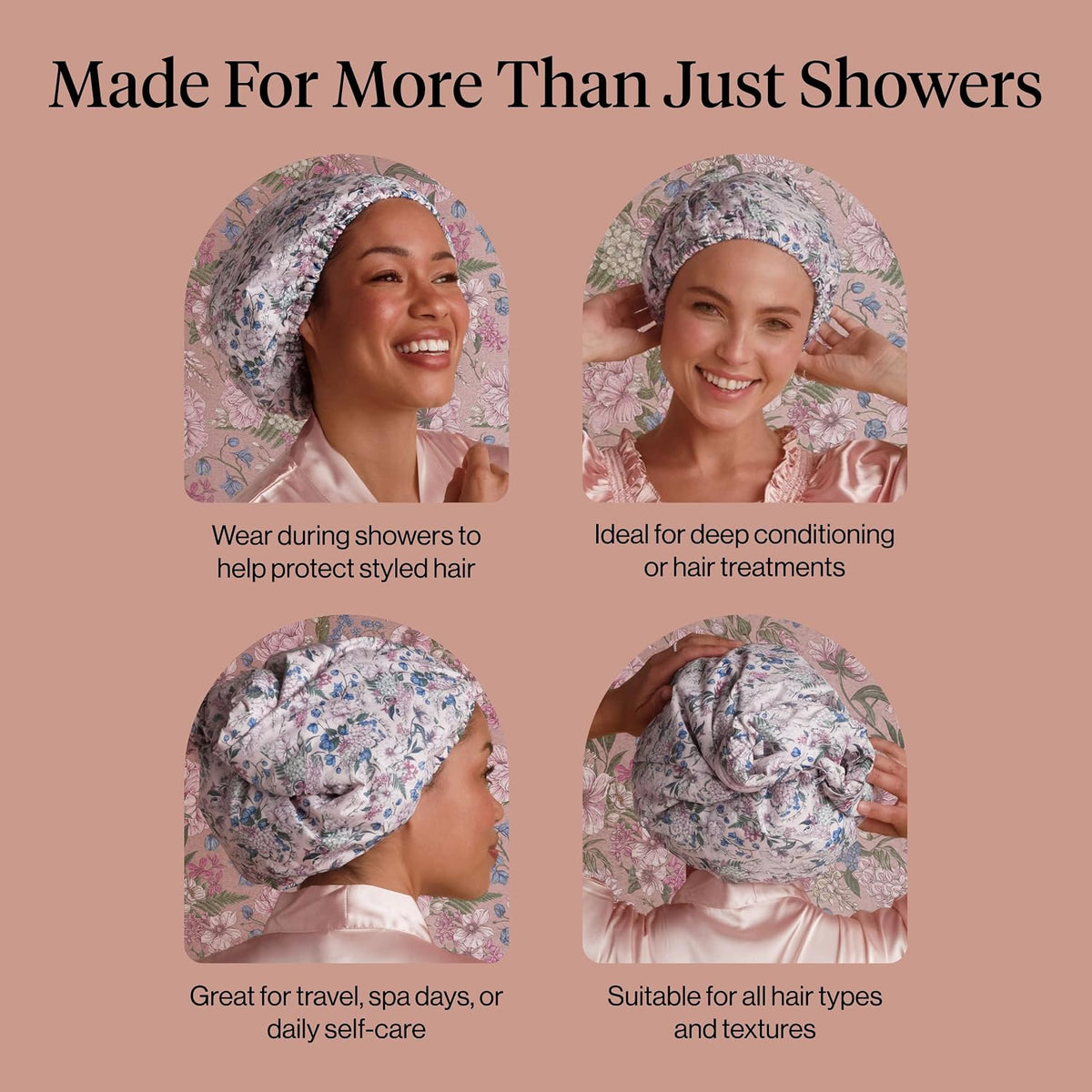 Bridgerton x Kitsch Luxury Satin-Lined Flexi Shower Cap for Women, Wisteria