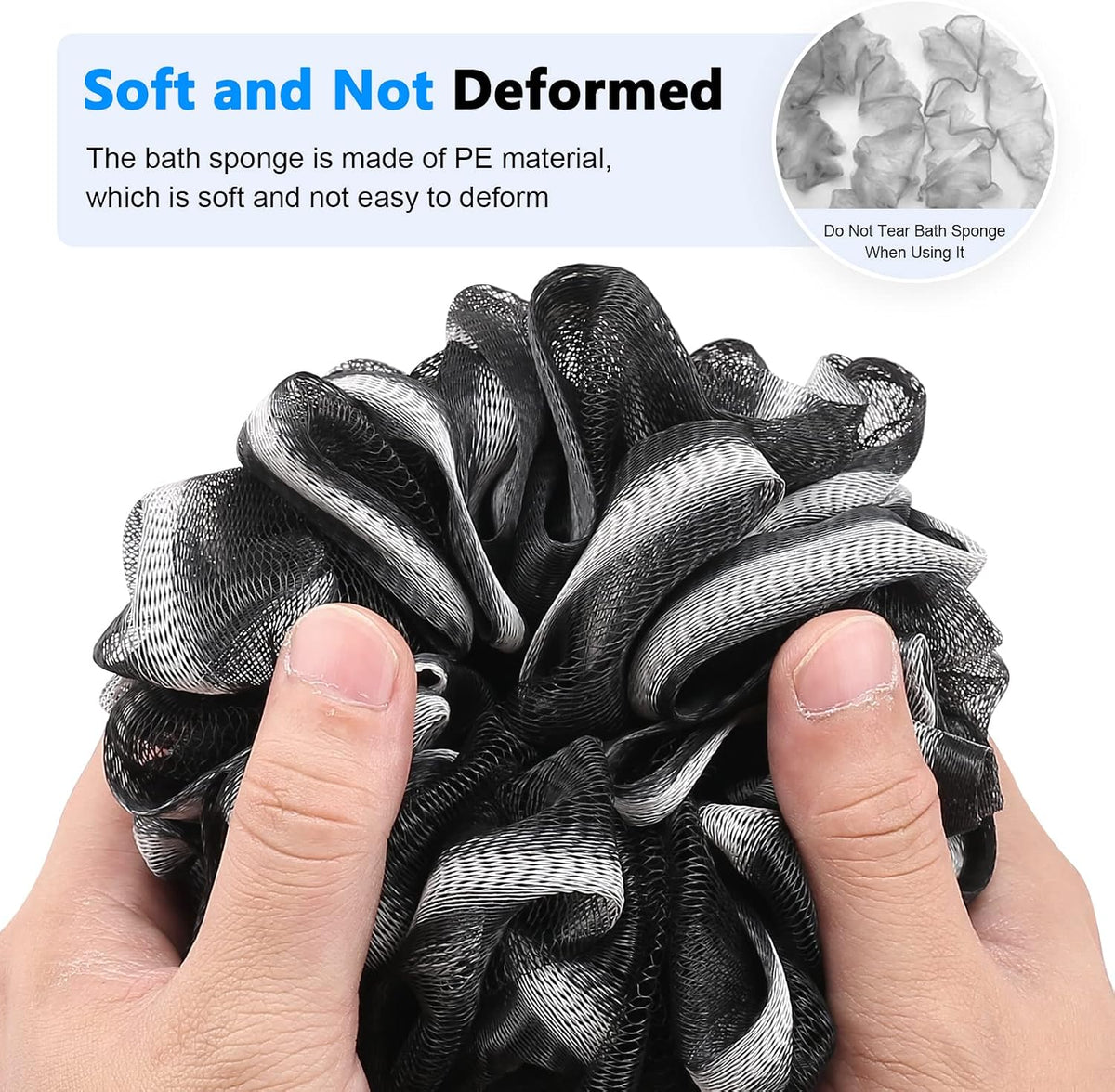 FORENEE Black Loofah on a Stick, PE Mesh Back Scrubber with Wood Handle