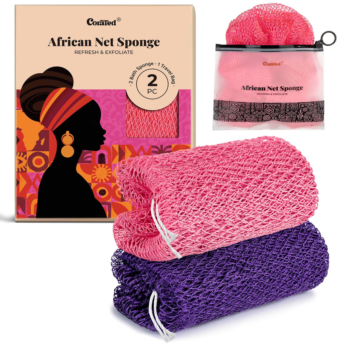 CORATED African Net Sponge Authentic, Shower Loofah Exfoliating Bath Sponge
