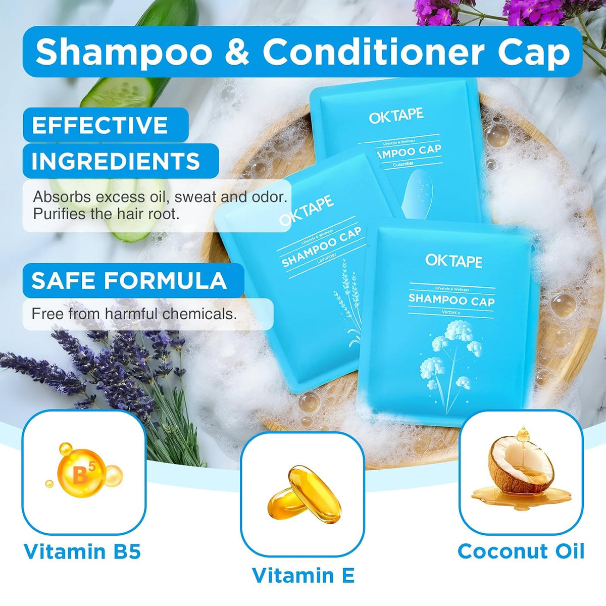 OK TAPE No Water Shampoo Caps (6 Pack) 3 Scents, Rinse Free Shower Cap