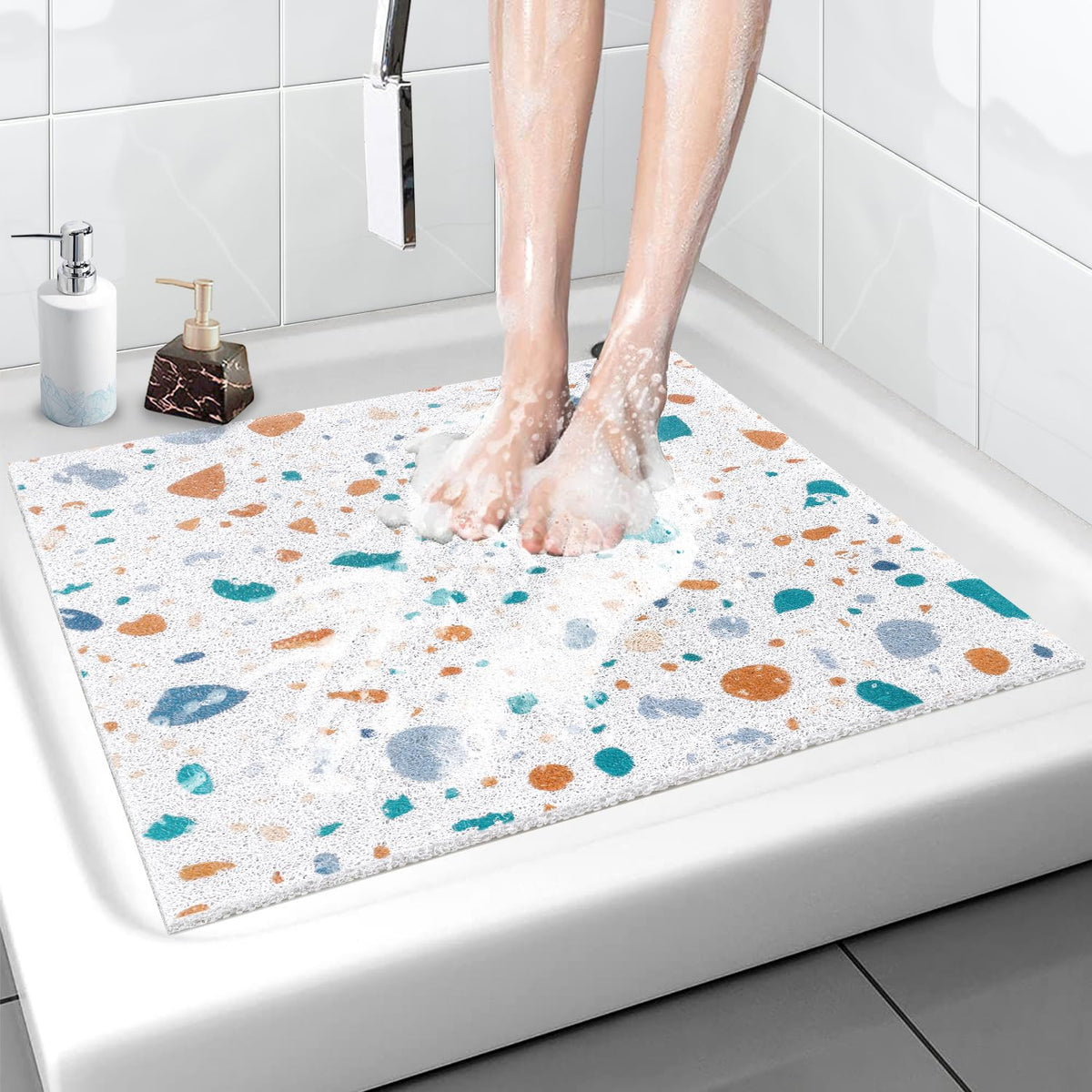 Shower Mat Non-Slip, Soft Comfort Bath Mat with Drainage Holes, PVC Loofah Massage Bathtub Mat for Shower, Tub, Bathroom, Wet Areas, Quick Drying
