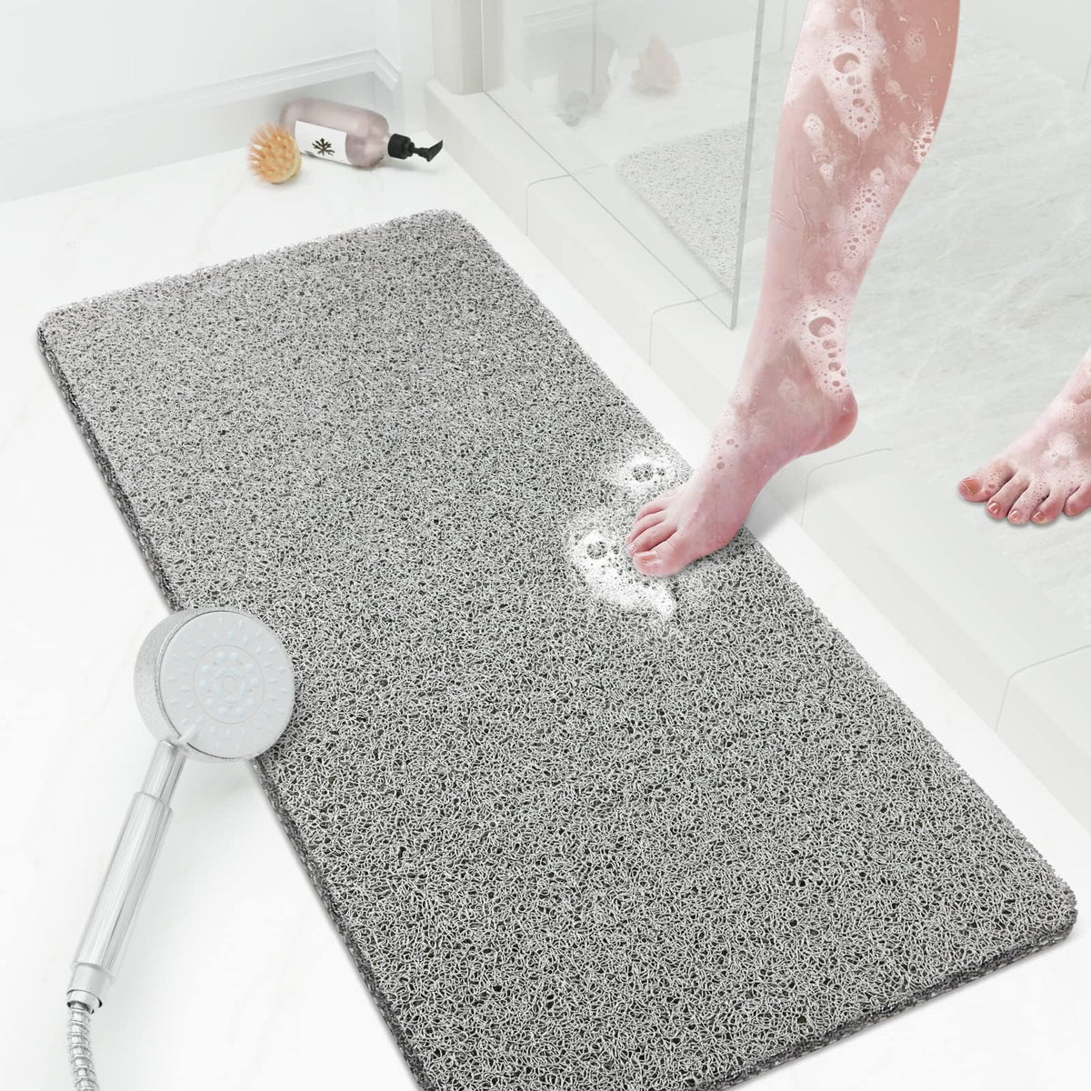 Shower Mat Bathtub Mat Non-Slip,24x16 inch, Soft Tub Mat with Drain,PVC Loofah Bath Mat (Phthalate Free) for Tub and Bathroom,Quick Drying,Black