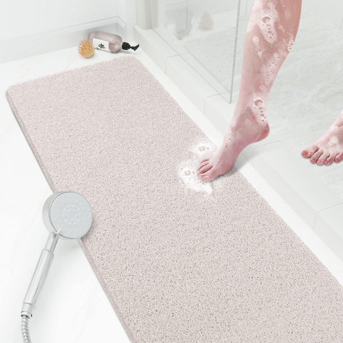 Shower Mat Bathtub Mat Non-Slip,24x16 inch, Soft Tub Mat with Drain,PVC Loofah Bath Mat (Phthalate Free) for Tub and Bathroom,Quick Drying,Black