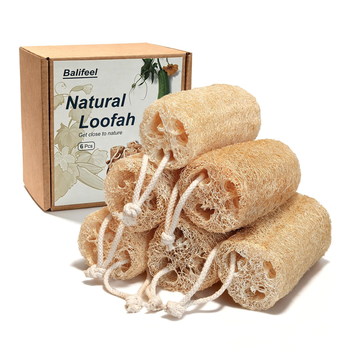 Natural Loofah Sponge Organic Loofa Set 6 Pack,Exfoliating Body Scrubber Shower Luffa Men and Women for Bath Cleaning Skin Back and Face Eco Tool