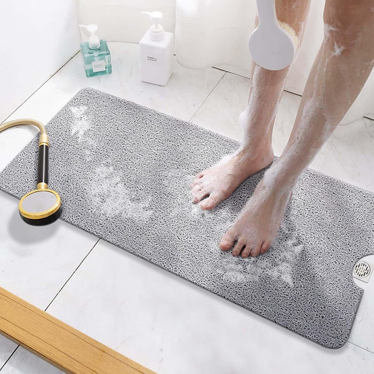 HITSLAM Non Slip Bathtub Mat 40 x 16 Inch, Extra Long Bath Mat for Tub, Soft PVC Loofah Shower Floor Mat with Drain, Quick Drying Bathroom Tub Mat for Wet Area, Without Suction Cup, Grey