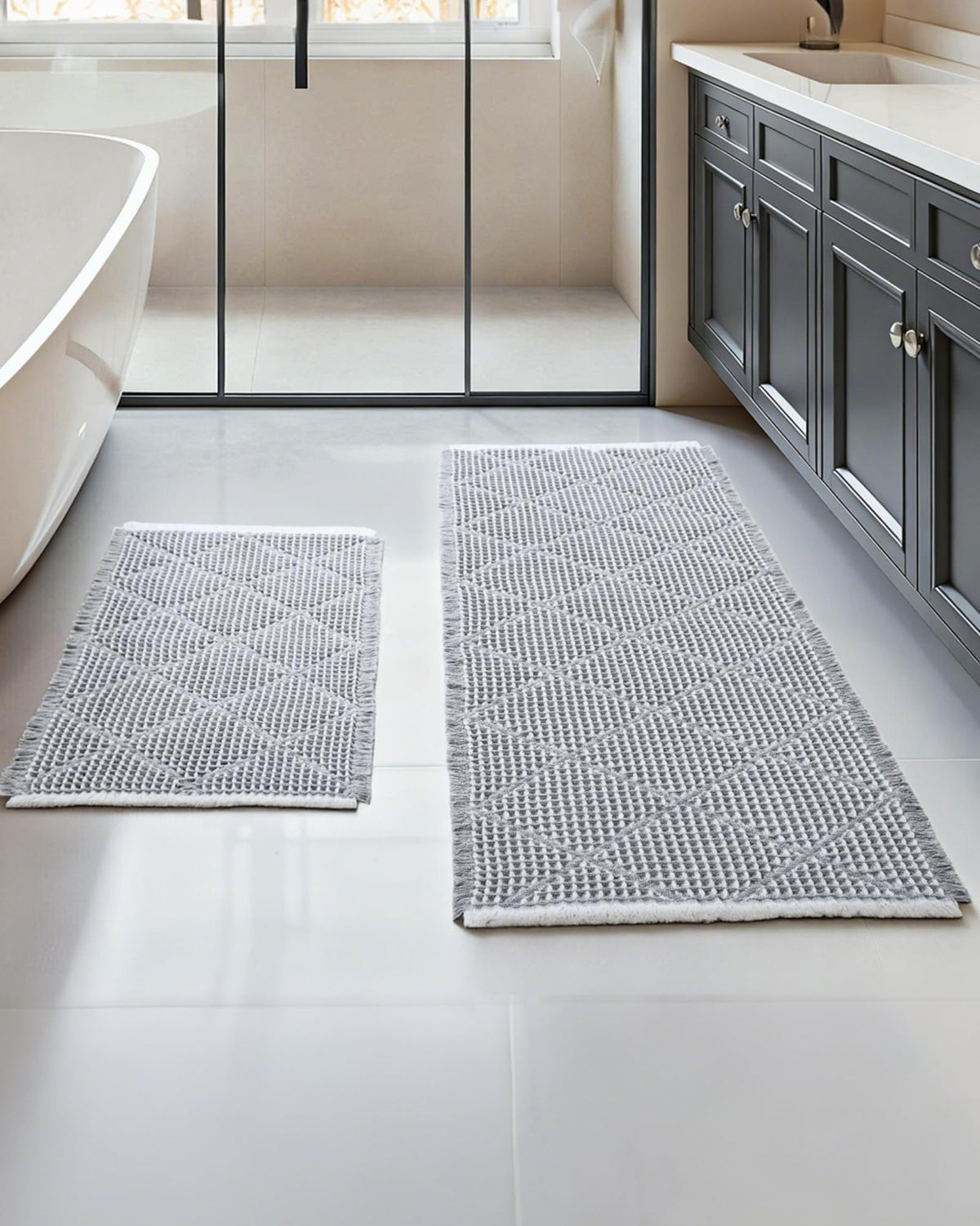 Furicher Waffle Bath Mat Set, Non Slip Bathroom Rugs 2 Piece, Brown & White