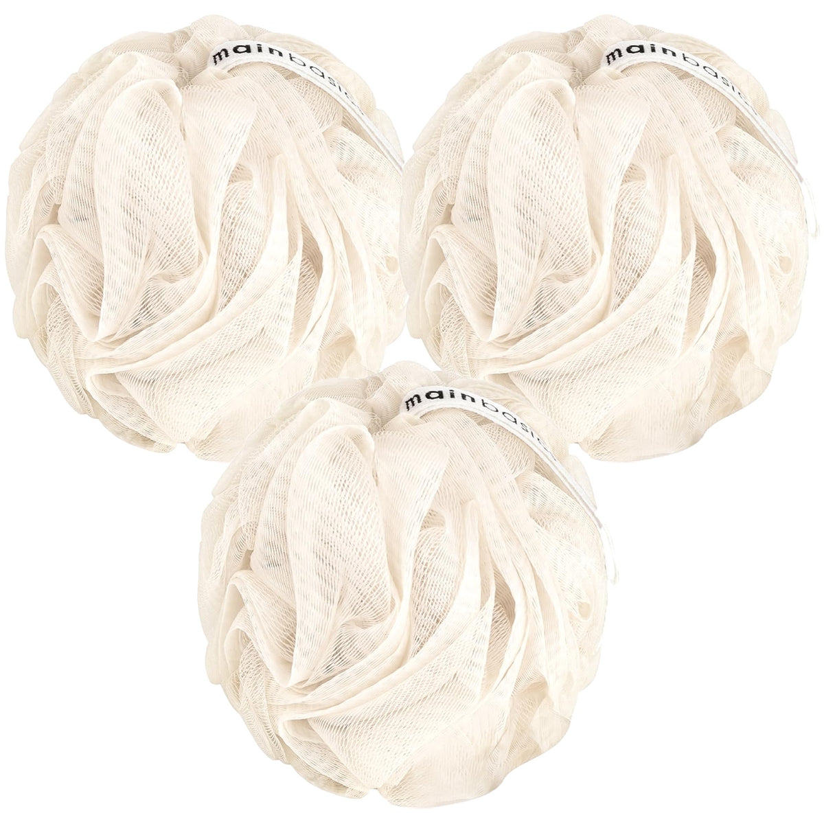 MainBasics Shower Loofah Sponge Pouf, Set of 3, Snow White