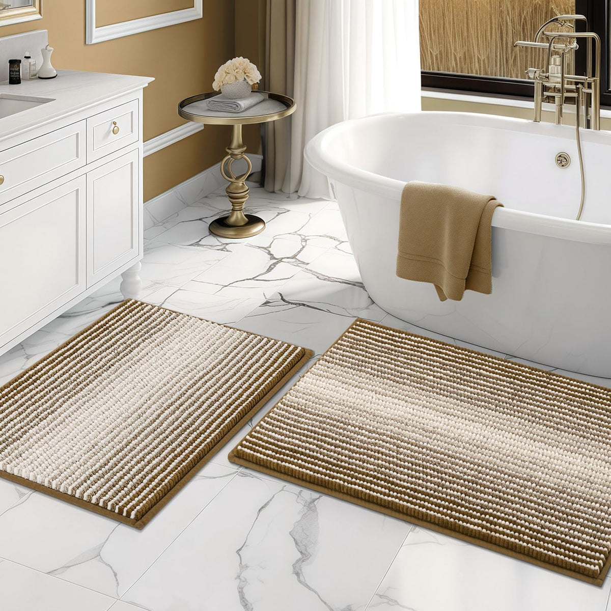 BSICPRO Bathroom Rugs Sets 2 Piece, Non Slip Striped Bath Mats, Fog Blue