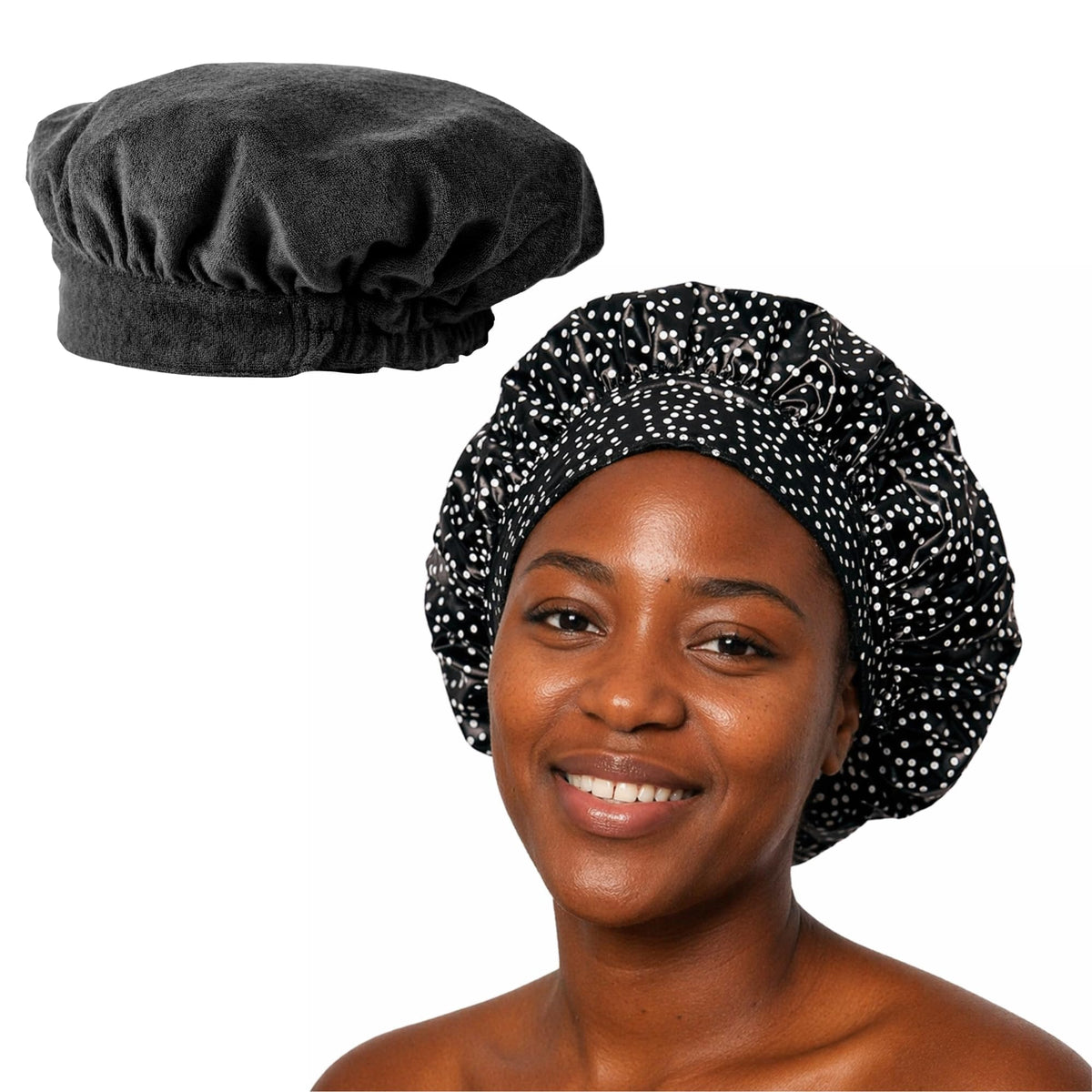 TIARA Reversible, Reusable, Waterproof Shower Cap – Large Shower Cap for Long. Short, Braided, or Thick Hair, Reversible Deep Conditioning Hair Cap, Soft Terry Lined, Machine Washable (Blue Dots)