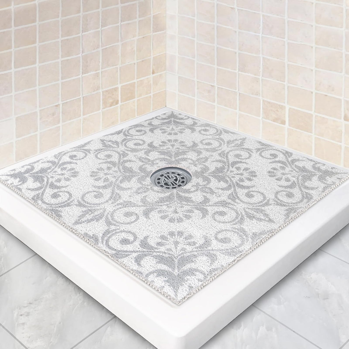 Square Shower Mat Non Slip: 24 x 24 Inch Shower Mats with Drain Hole in Middle - PVC Loofah Anti Slip Shower Floor Matt for Inside Shower