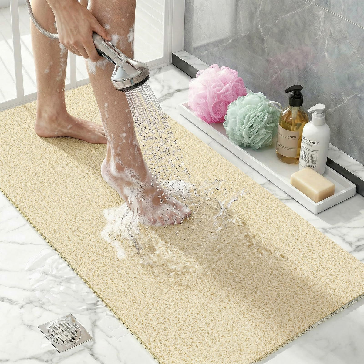 BLESWIN Loofah Mats for Shower 24"x16", PVC Bath Mat for Inside Shower, Bath Mat for Tub Non Slip, Checkered Shower Quick Dry Mats with Drain Hole, Colorful Checkered