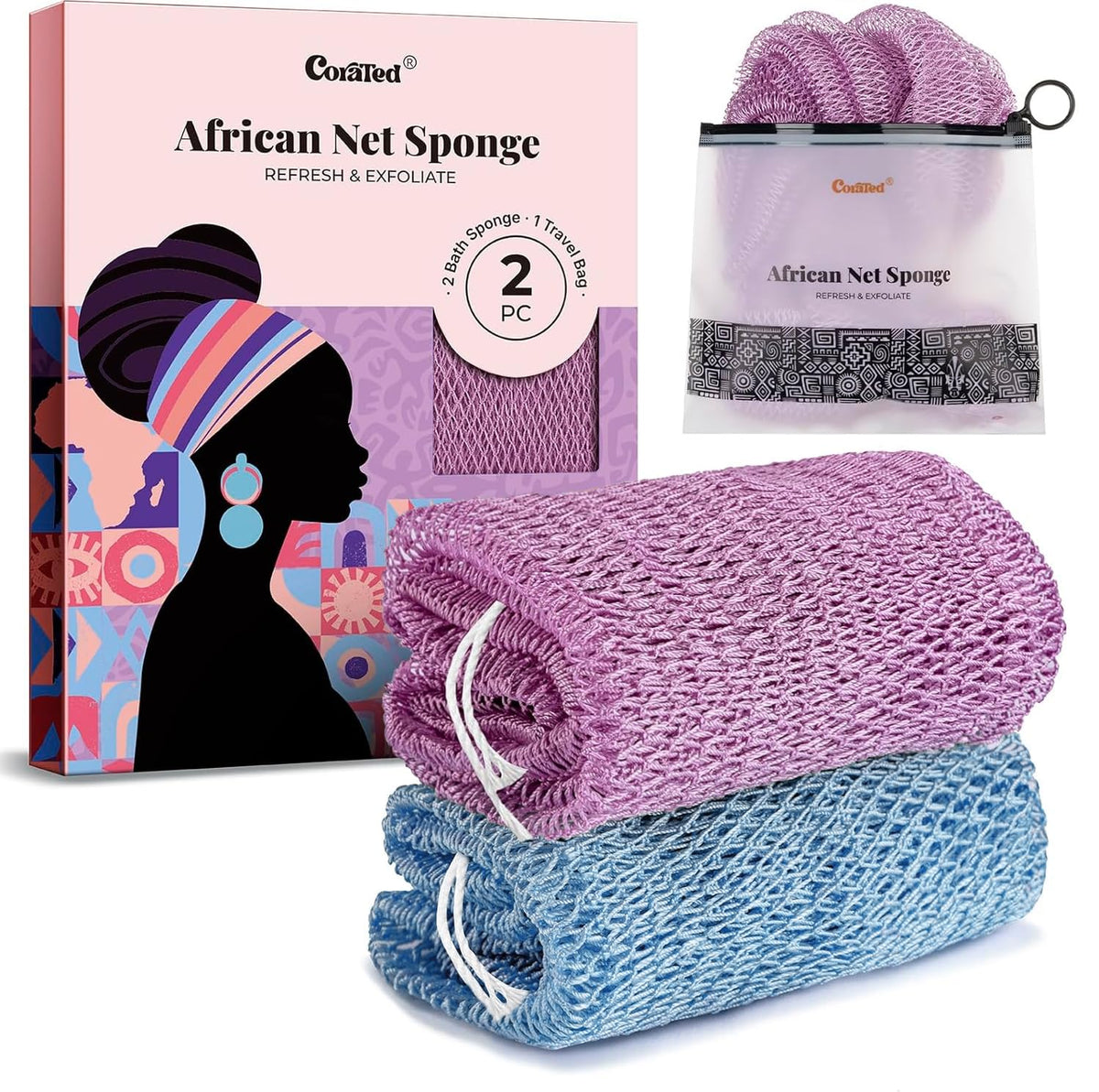 CORATED African Net Sponge Authentic, Shower Loofah Exfoliating Bath Sponge
