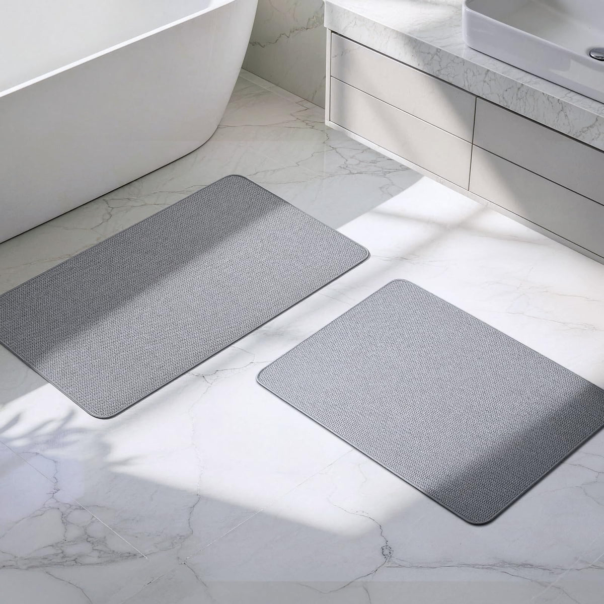 Bathroom Rugs Sets 2 Piece, Thin Bath Mat & U-Shaped Contour Toilet Rug Absorbent Quick Dry, Machine Washable, Non Slip Low Pile Bath Mats for Bathroom/Tub/Sink/Shower (27"x17" Plus 24"x20" U, Grey)