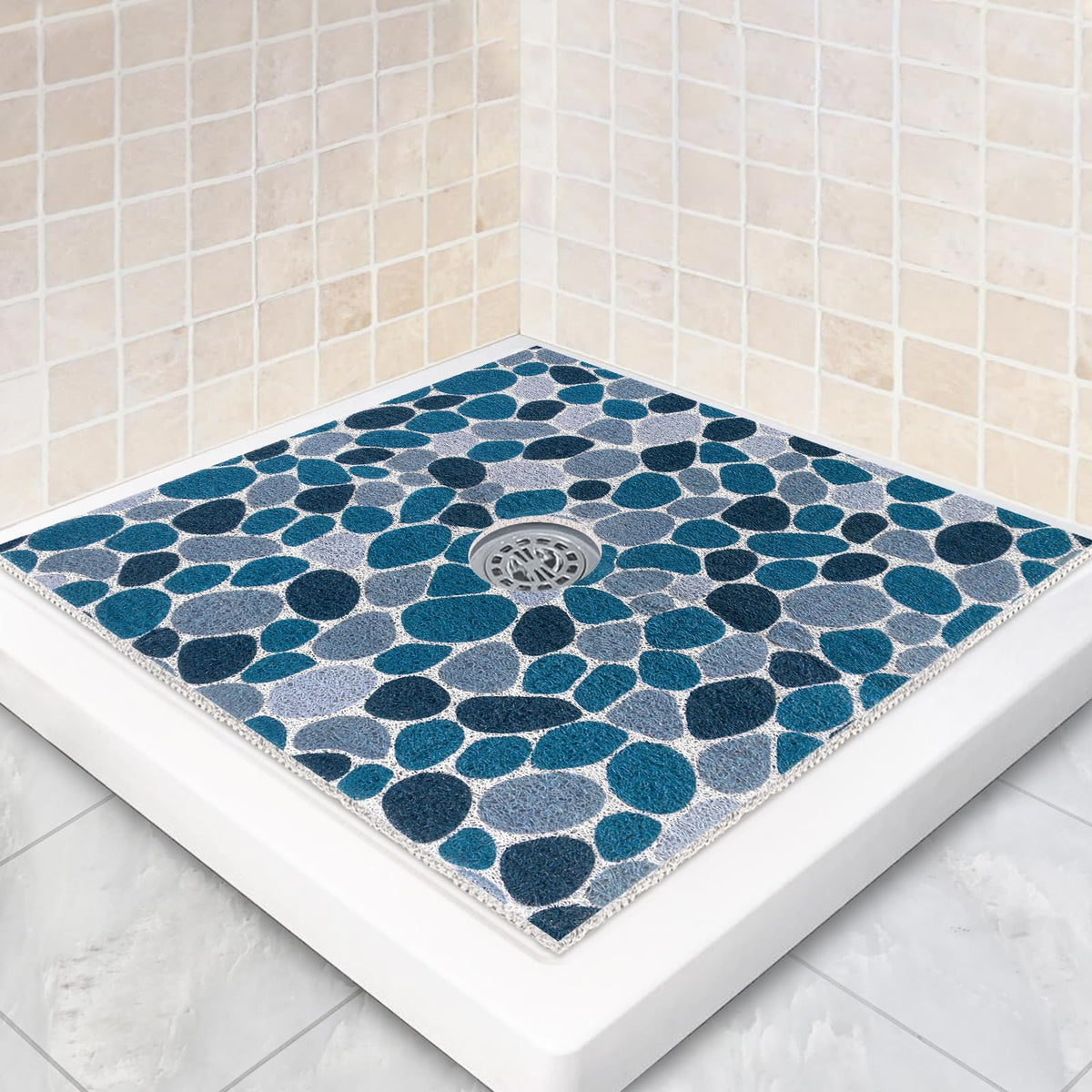 Square Shower Mat Non Slip: 24 x 24 Inch Shower Mats with Drain Hole in Middle - PVC Loofah Anti Slip Shower Floor Matt for Inside Shower