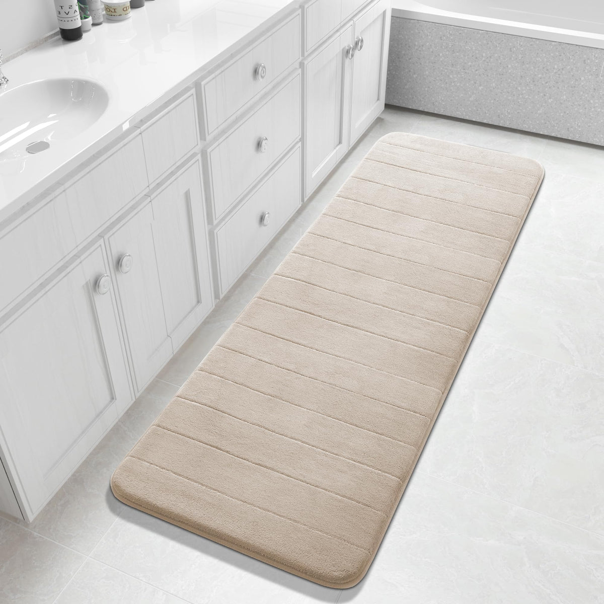 Yimobra Memory Foam Bath Mat, Super Soft Absorbent Bathroom Rug Non Slip 31.5x20 Inch, Quick Dry, Machine Washable Floor Carpet for Tub Shower, Home Decor Accessories, Beige