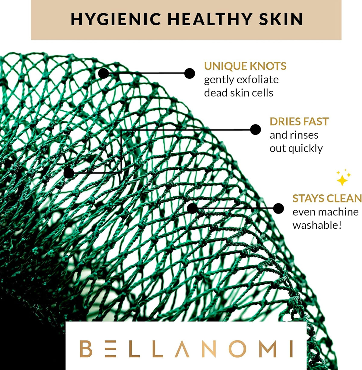 BELLANOMI African Exfoliating Net Sponge, Authentic, Ethically sourced from Nigeria, 45 inches Long, Back Scrubber for Daily use (Emerald Green)