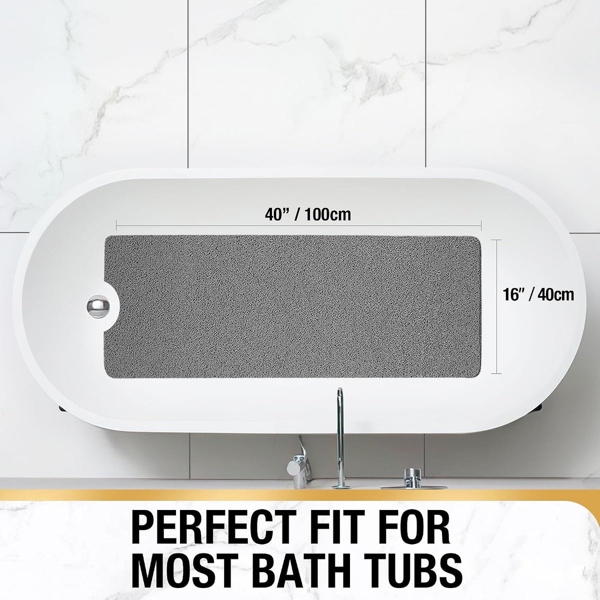 HITSLAM Non Slip Bathtub Mat 40 x 16 Inch, Extra Long Bath Mat for Tub, Soft PVC Loofah Shower Floor Mat with Drain, Quick Drying Bathroom Tub Mat for Wet Area, Without Suction Cup, Grey
