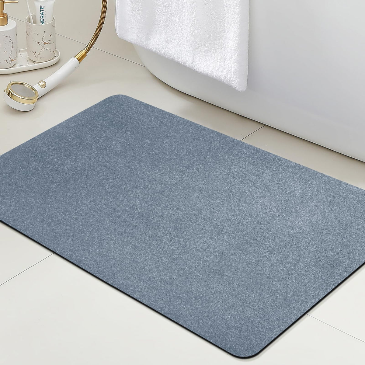ACCUMTEK Non Slip Bath Mat, Thin Bathroom Rugs Fit Under Door, Quick Dry Bath Mats, Machine Washable Bath Rugs for Bathroom, Bathtub & Kitchen, Grey/Bordered/24 x17