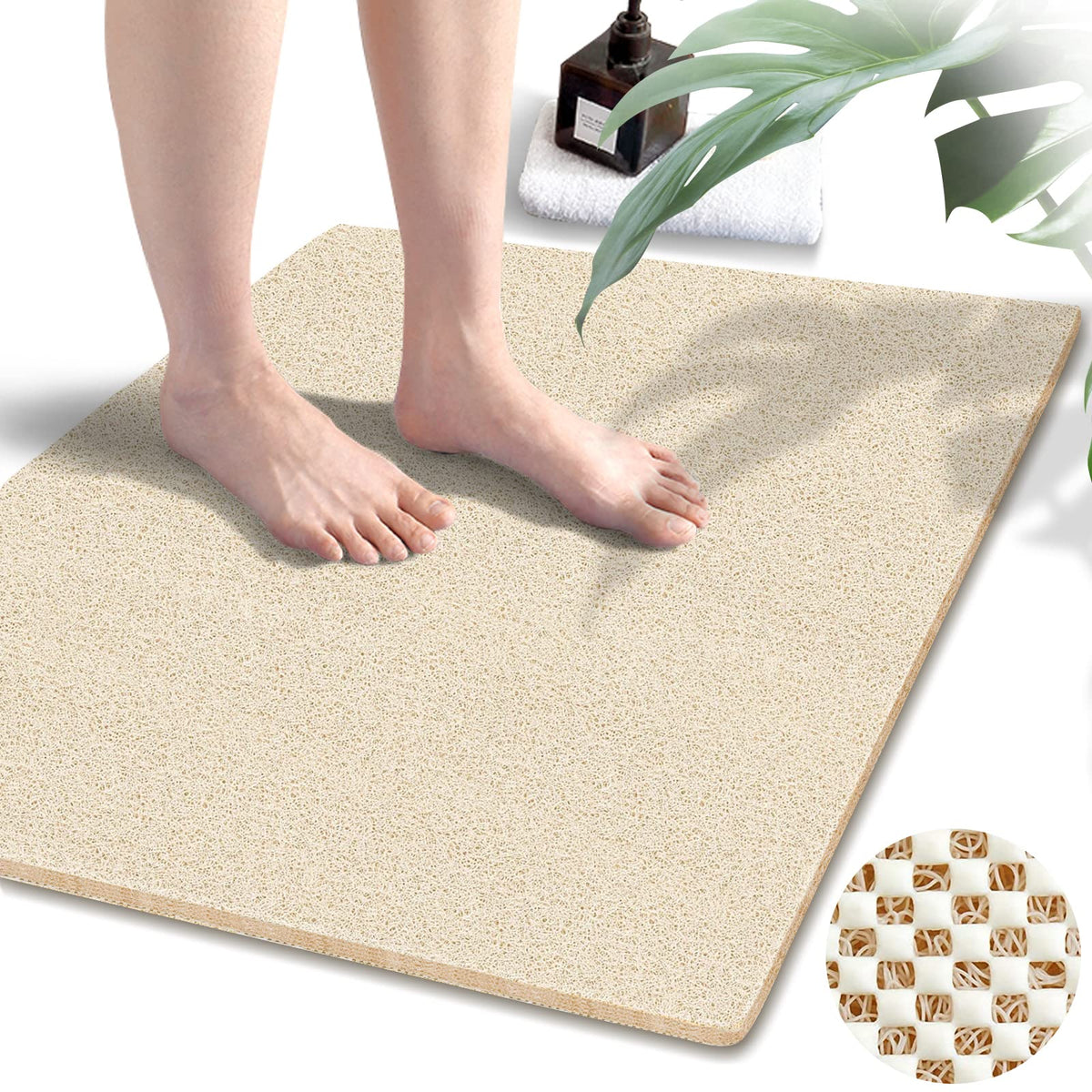 godehone Shower Mats Non Slip Without Suction Cups, PVC Loofah Bathroom Mats, Loofah Mats for Shower and Bathroom, Quick Drying, 15.7× 36 Inch, Beige