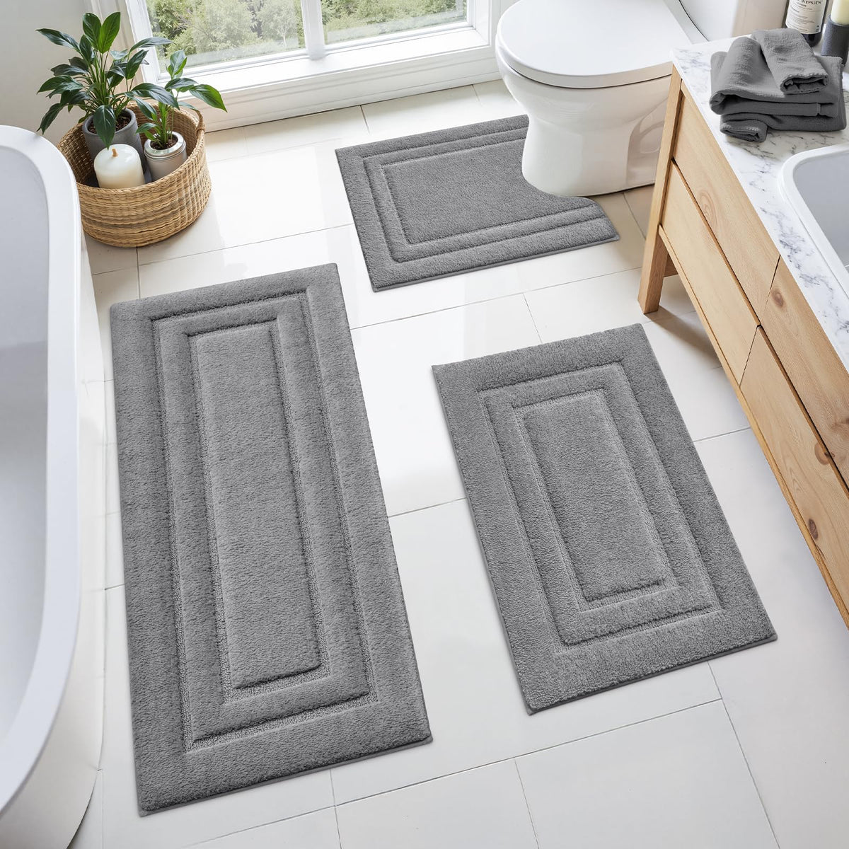 HOMEIDEAS Grey Bathroom Rugs Set of 3, Non Slip Bath Mats