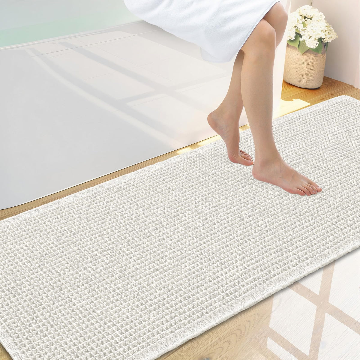Smiry Waffle Bath Mat 24X16, Soft Absorbent Bathroom Rugs, Brown & Cream