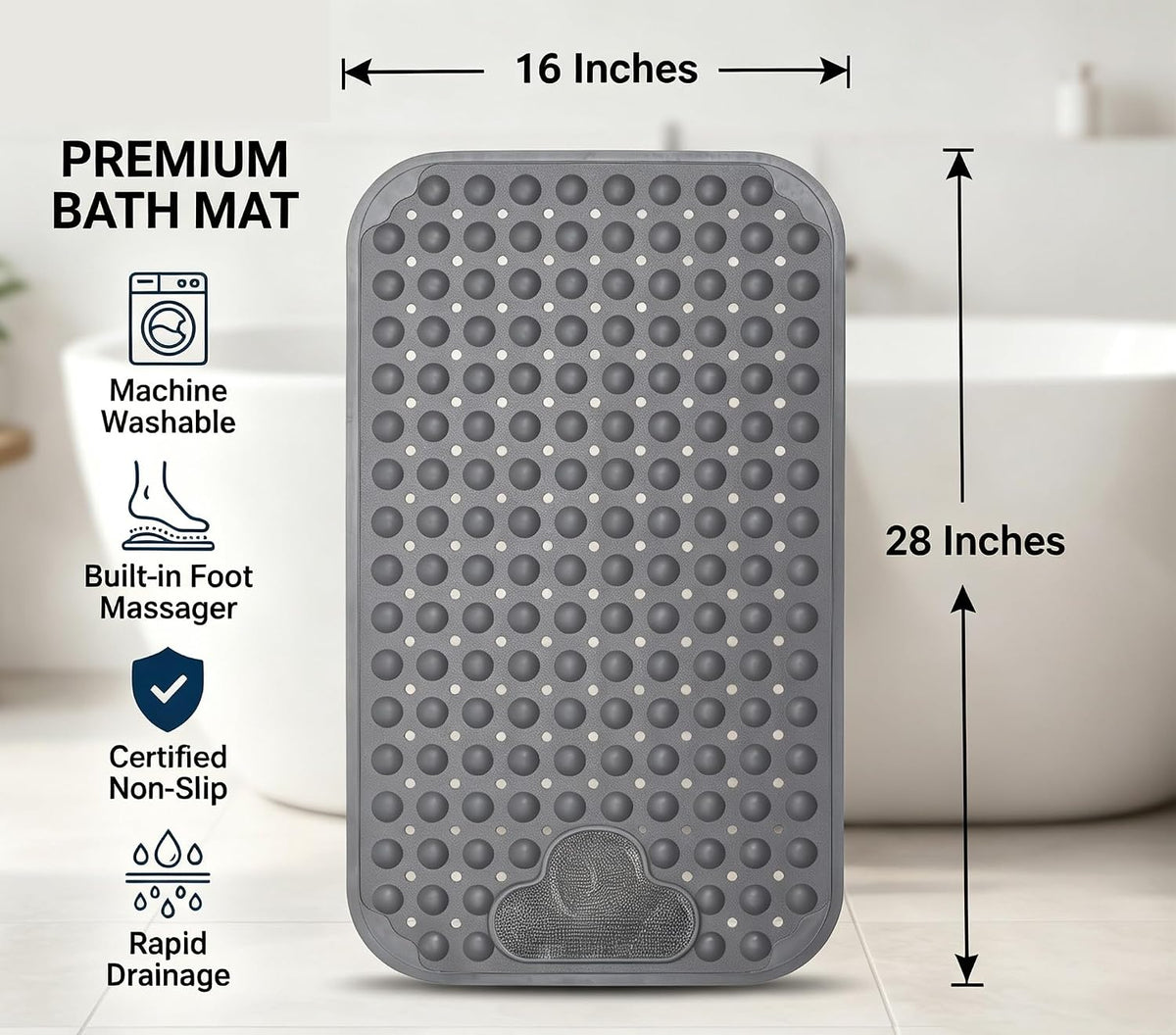 Bath Tub Mat Shower Mat Non Slip Bathtub Mats with Suction Cups Bath Mat for Tub Bathroom Mats 28" X 16" Machine Washable (Gray)