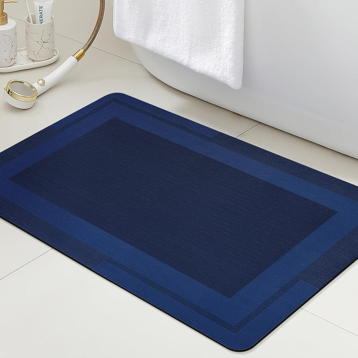 ACCUMTEK Non Slip Bath Mat, Thin Bathroom Rugs Fit Under Door, Quick Dry Bath Mats, Machine Washable Bath Rugs for Bathroom, Bathtub & Kitchen, Grey/Bordered/24 x17