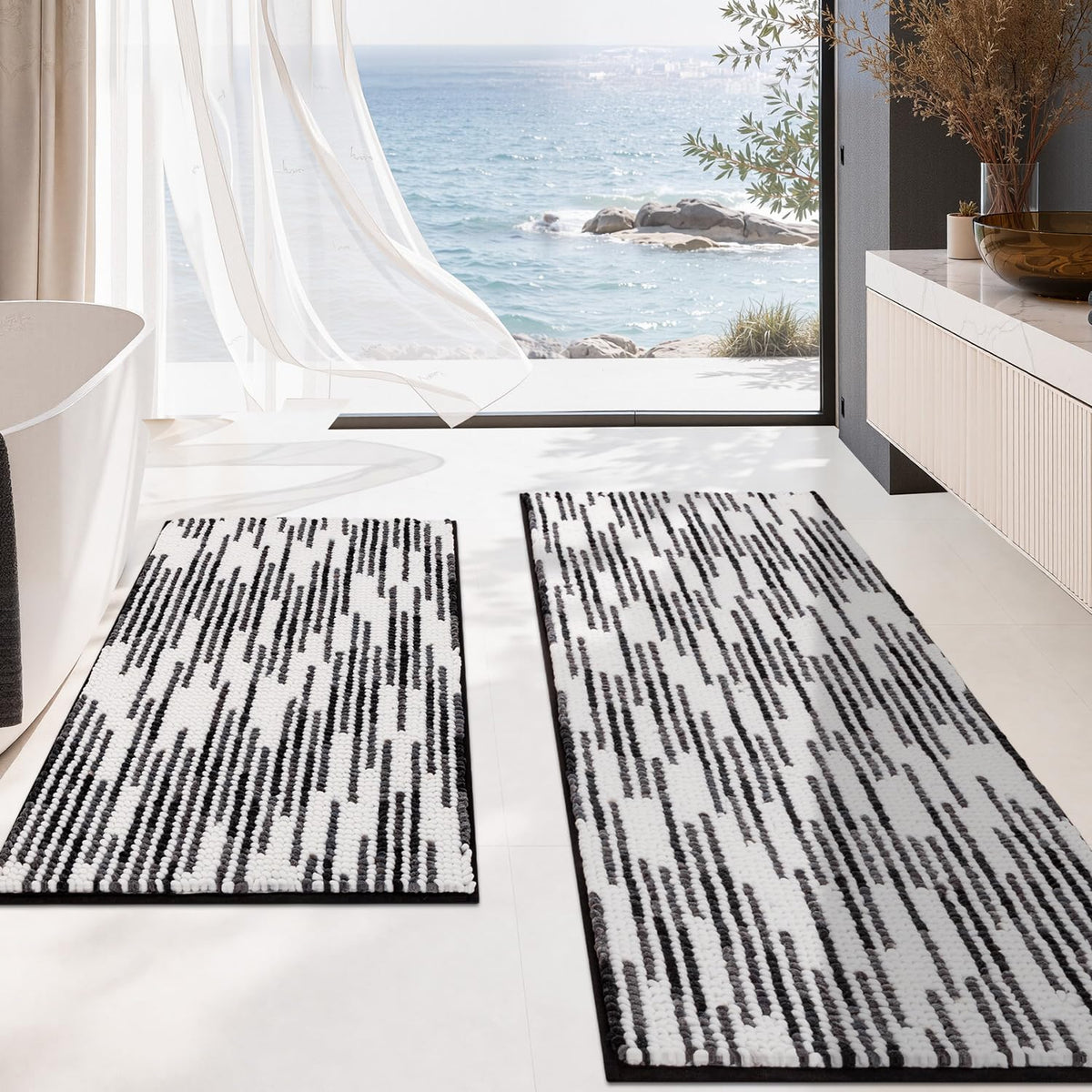 BSICPRO Bathroom Rugs Sets 2 Piece, Non Slip Striped Bath Mats, Fog Blue