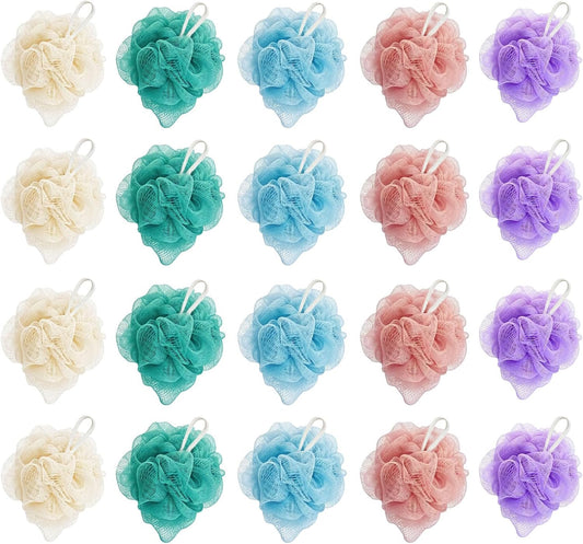 20 Pack Mini Loofah Sponge for Shower, Travel Size Bath Sponges Mesh Shower Puff Bath Pouf with Hanging Loop, Body Scrubber for Kids Women Men, 5Color