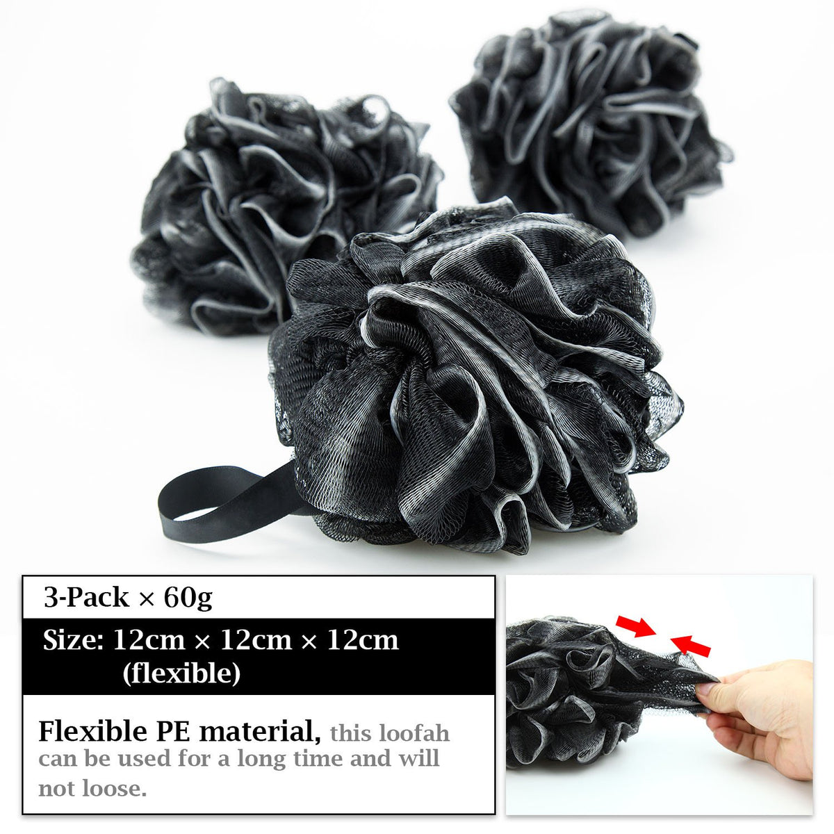 Bath Loofahs Sponge Shower Pouf Body Scrubber Mesh Pouf Bath Sponge 3 Pack