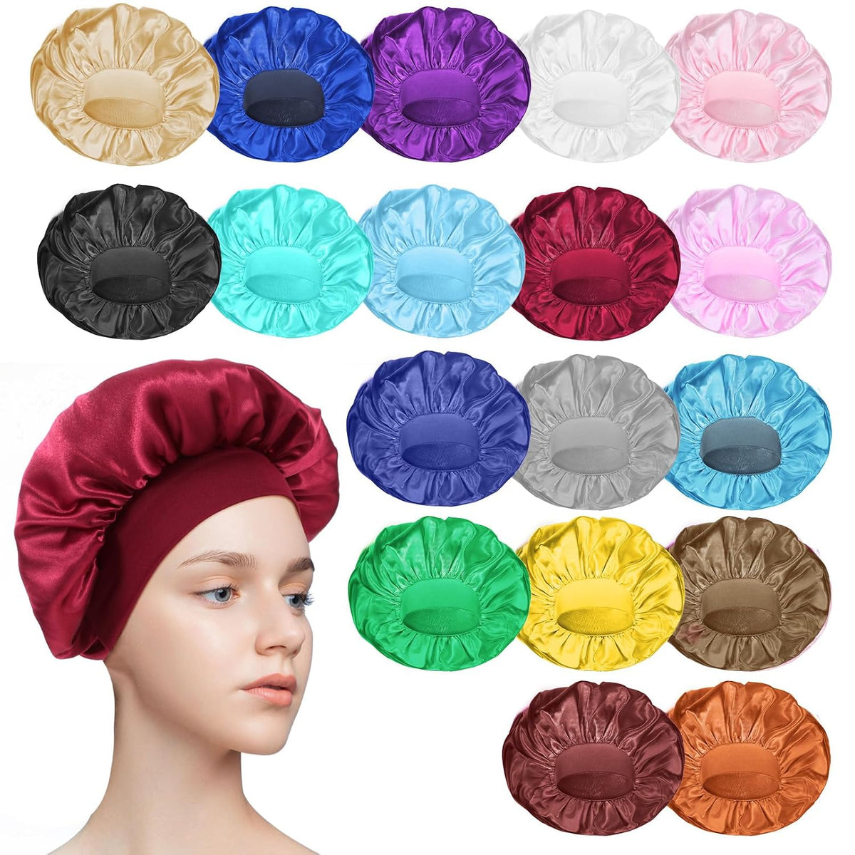 WLLHYF 18 Pcs Satin Bonnets for Sleeping, Large Silk Bonnet Wide Band Hair Bonnet Soft Elastic Hair Wrap Cap Silky Shower Cap for Black Women Men Curly Hair