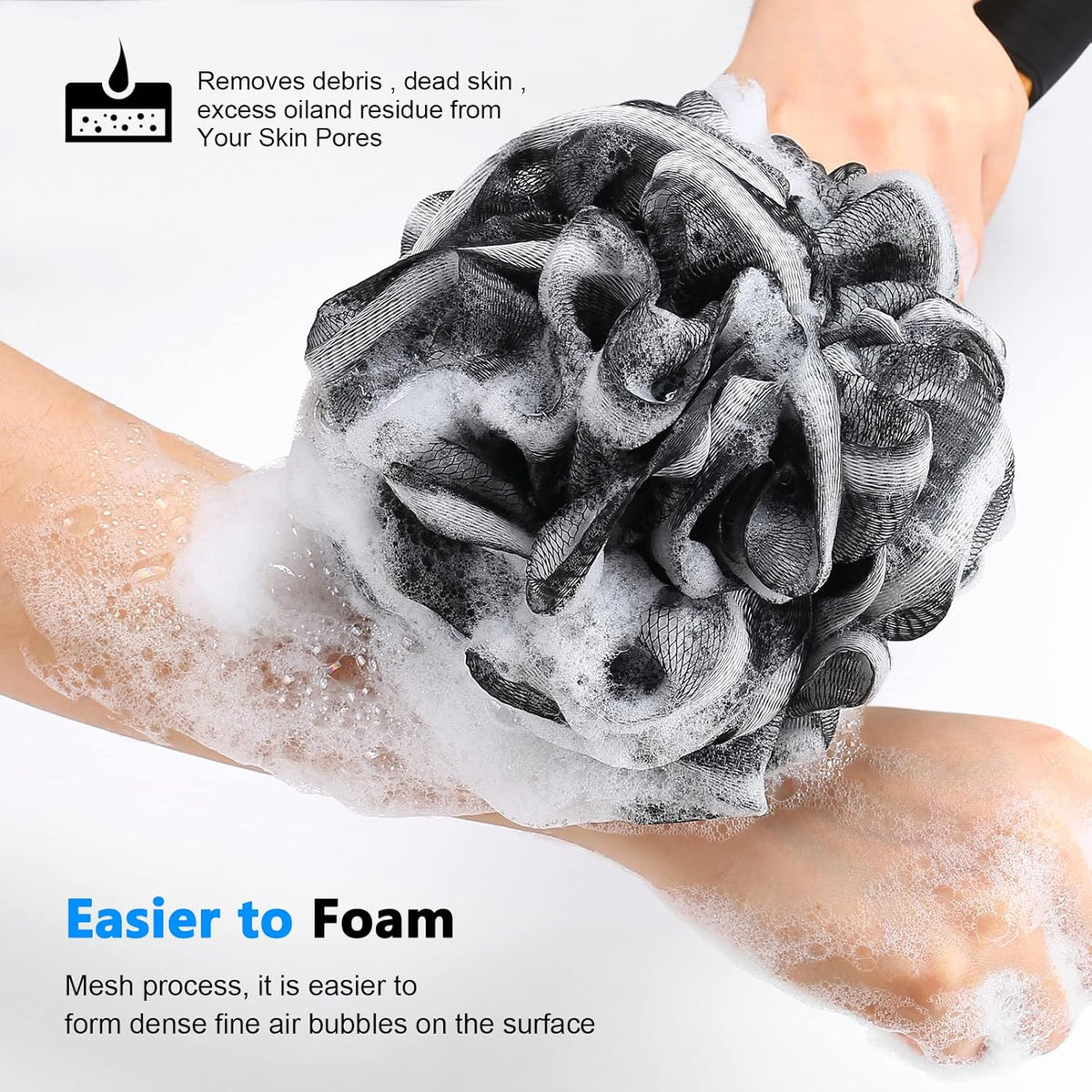FORENEE Black Loofah on a Stick, PE Mesh Back Scrubber with Wood Handle