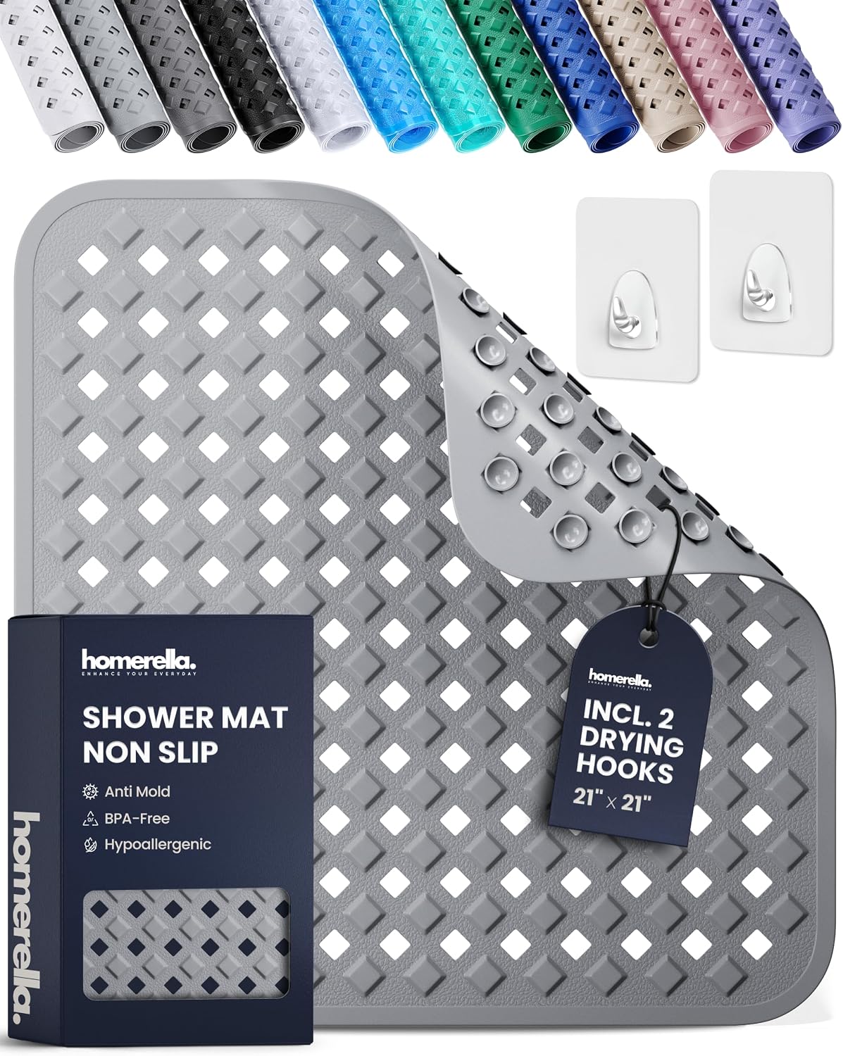 homerella Square Shower Mat Non Slip Anti Mold 21x21 Anti Slip Shower Mat