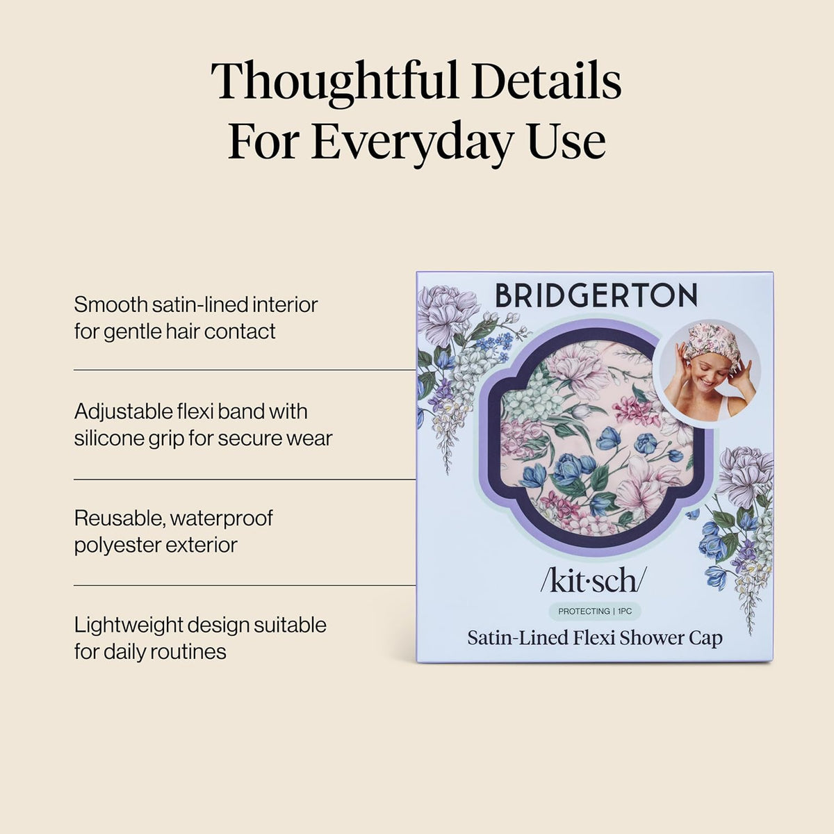 Bridgerton x Kitsch Luxury Satin-Lined Flexi Shower Cap for Women, Wisteria