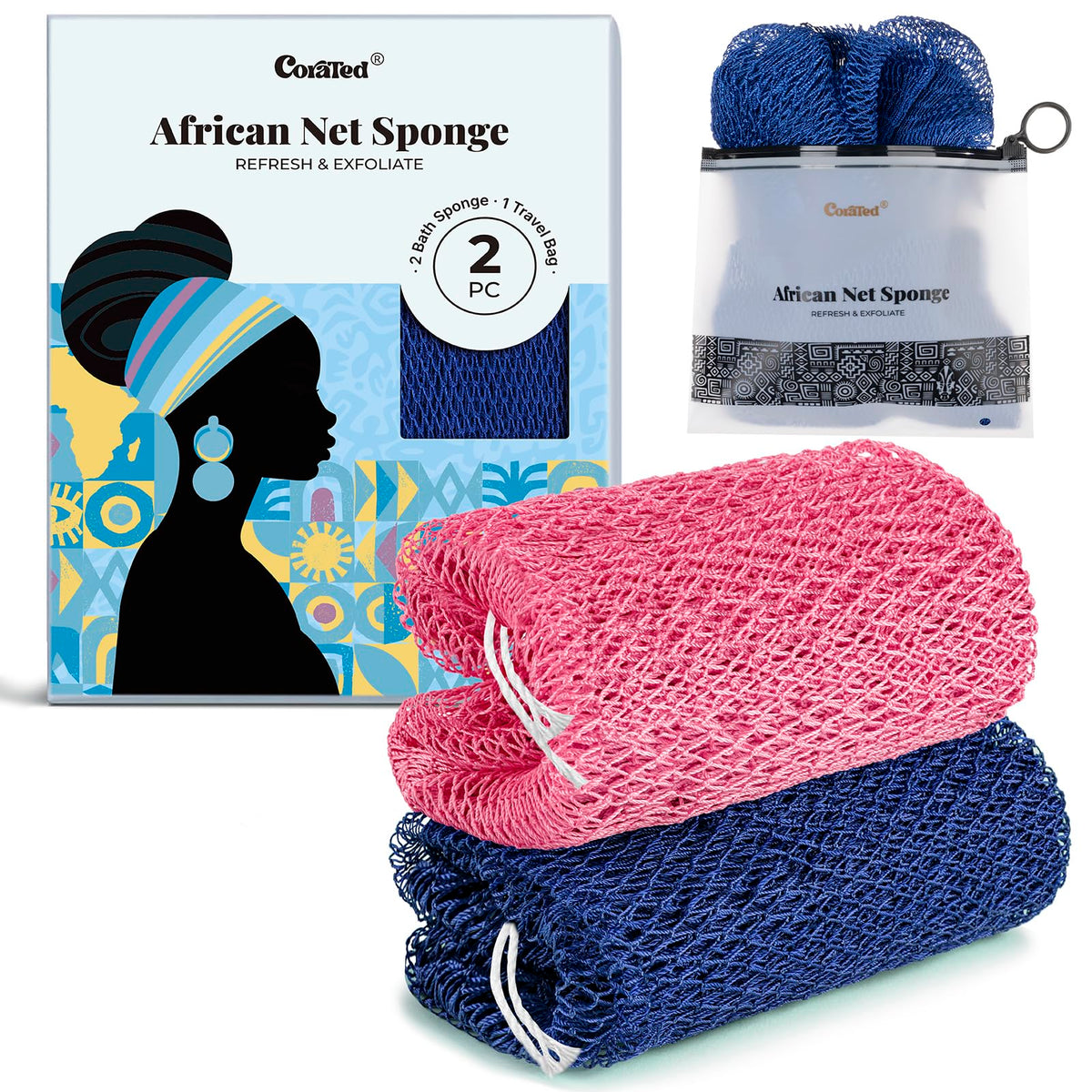 CORATED African Net Sponge Authentic, Shower Loofah Exfoliating Bath Sponge