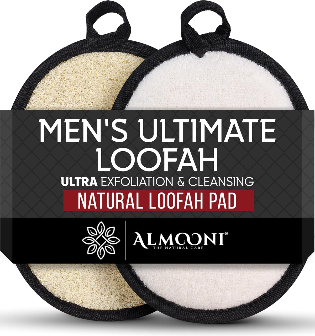 ALMOONI Loofah Sponge Body Scrubber for Men, Black, 2 Count