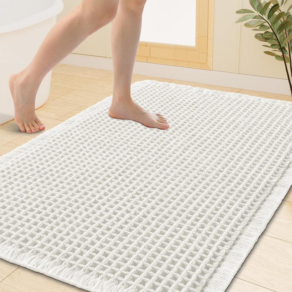 Smiry Waffle Bath Mat 24X16, Soft Absorbent Bathroom Rugs, Brown & Cream
