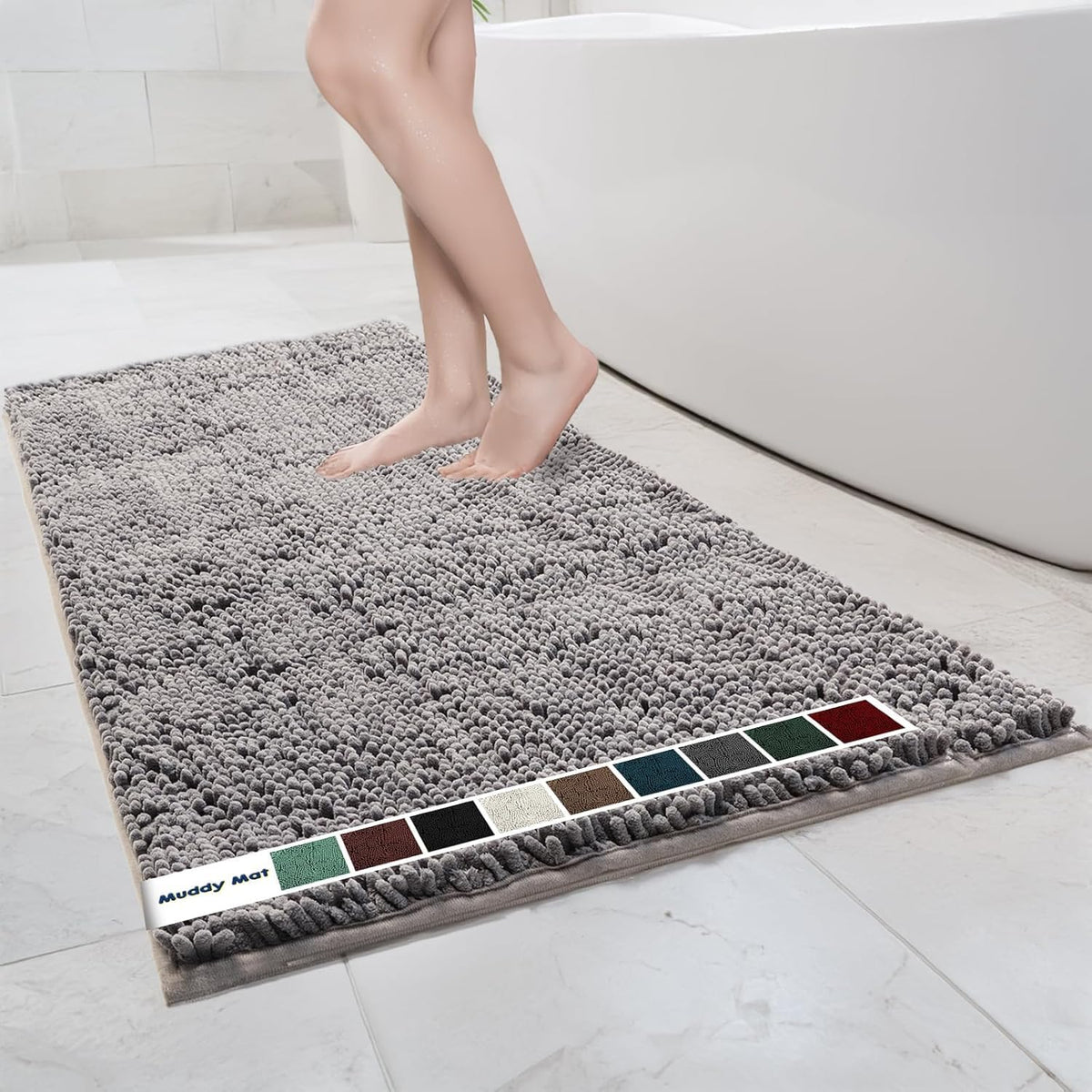 Muddy Mat Chenille Bathroom Rugs Quick Dry Microfiber Mats Non Slip Washable, Extra Thick, Soft and Highly Absorbent Bath Mats for Bathroom, Kitchen, and Shower Floor - Grey Medium 30"X19"