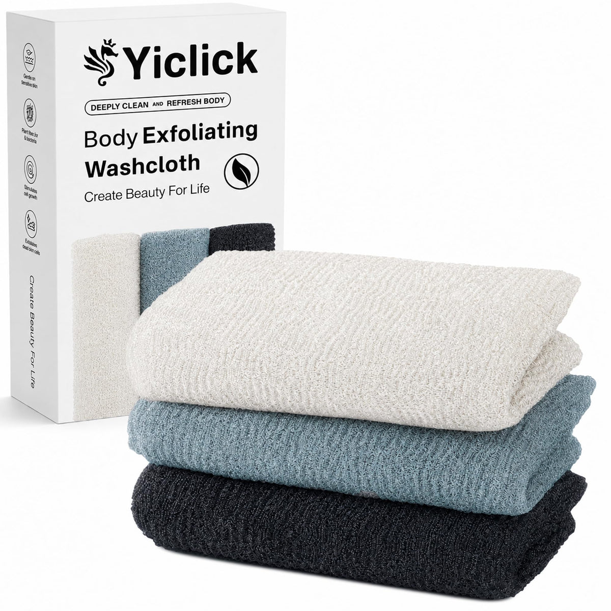 Yiclick 3 PCS Exfoliating Washcloth Towels - Exfoliating Body Scrubber Exfoliator, Back Scrubber for Shower Bath Use, Japanese & Korean Scrub Wash Cloths, Loofah Lufa Sponge Washer for Women Men