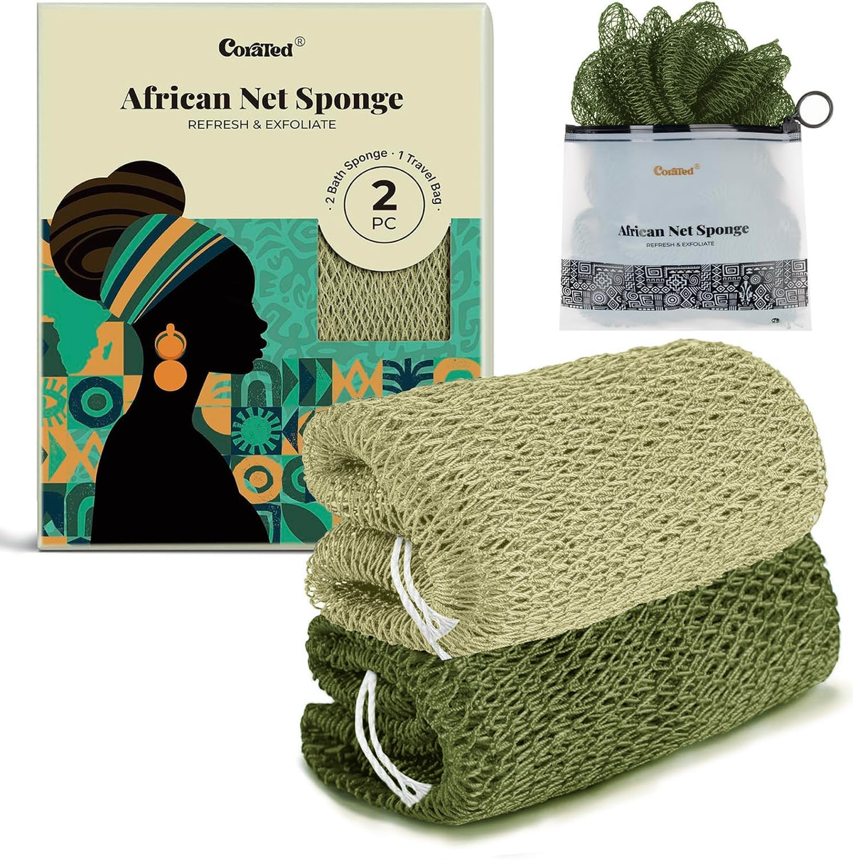CORATED African Net Sponge Authentic, Shower Loofah Exfoliating Bath Sponge