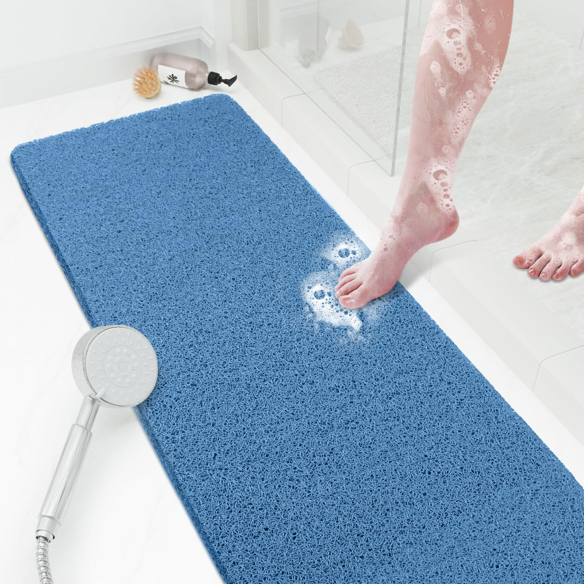 Shower Mat Bathtub Mat Non-Slip,24x16 inch, Soft Tub Mat with Drain,PVC Loofah Bath Mat (Phthalate Free) for Tub and Bathroom,Quick Drying,Black
