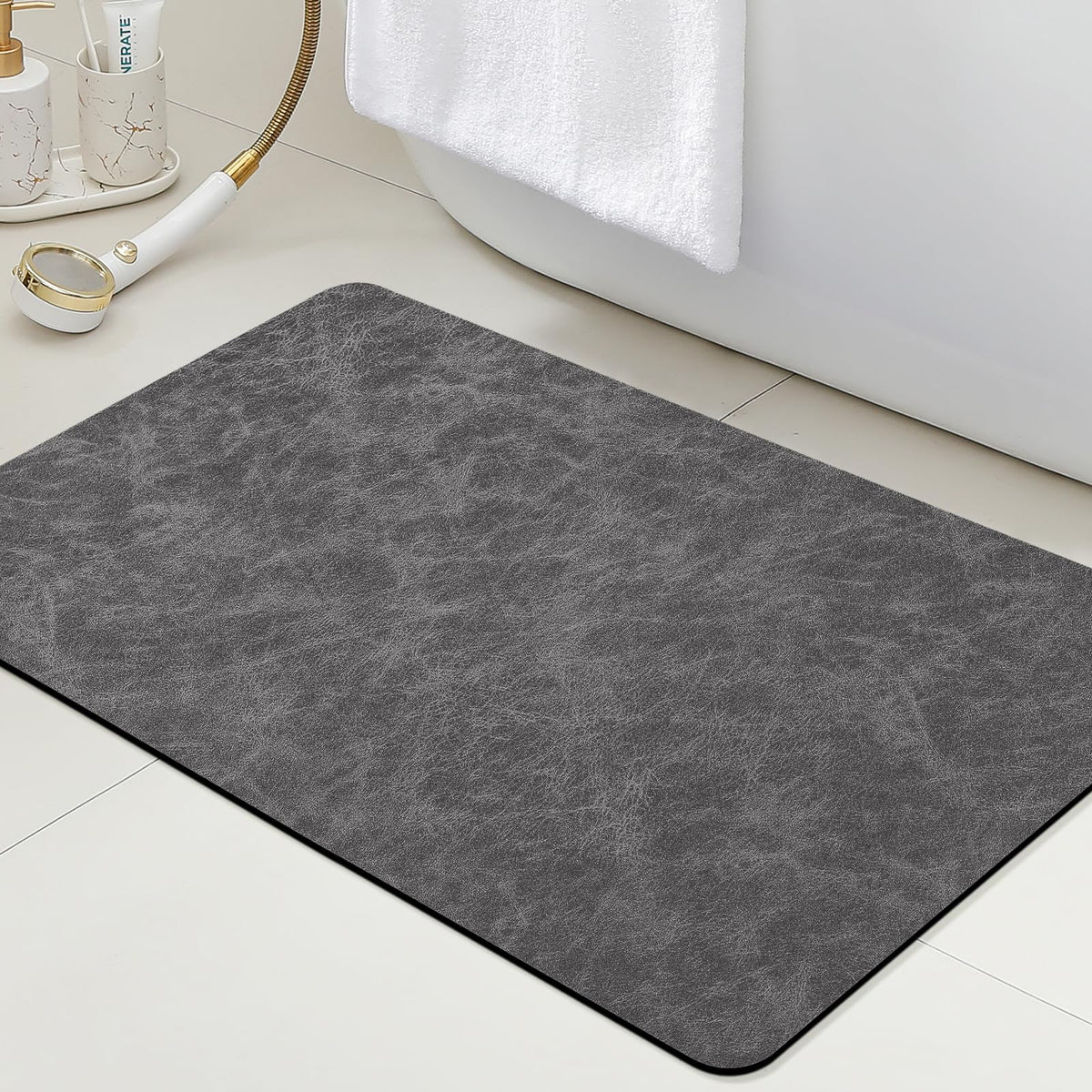 ACCUMTEK Non Slip Bath Mat, Thin Bathroom Rugs Fit Under Door, Quick Dry Bath Mats, Machine Washable Bath Rugs for Bathroom, Bathtub & Kitchen, Grey/Bordered/24 x17
