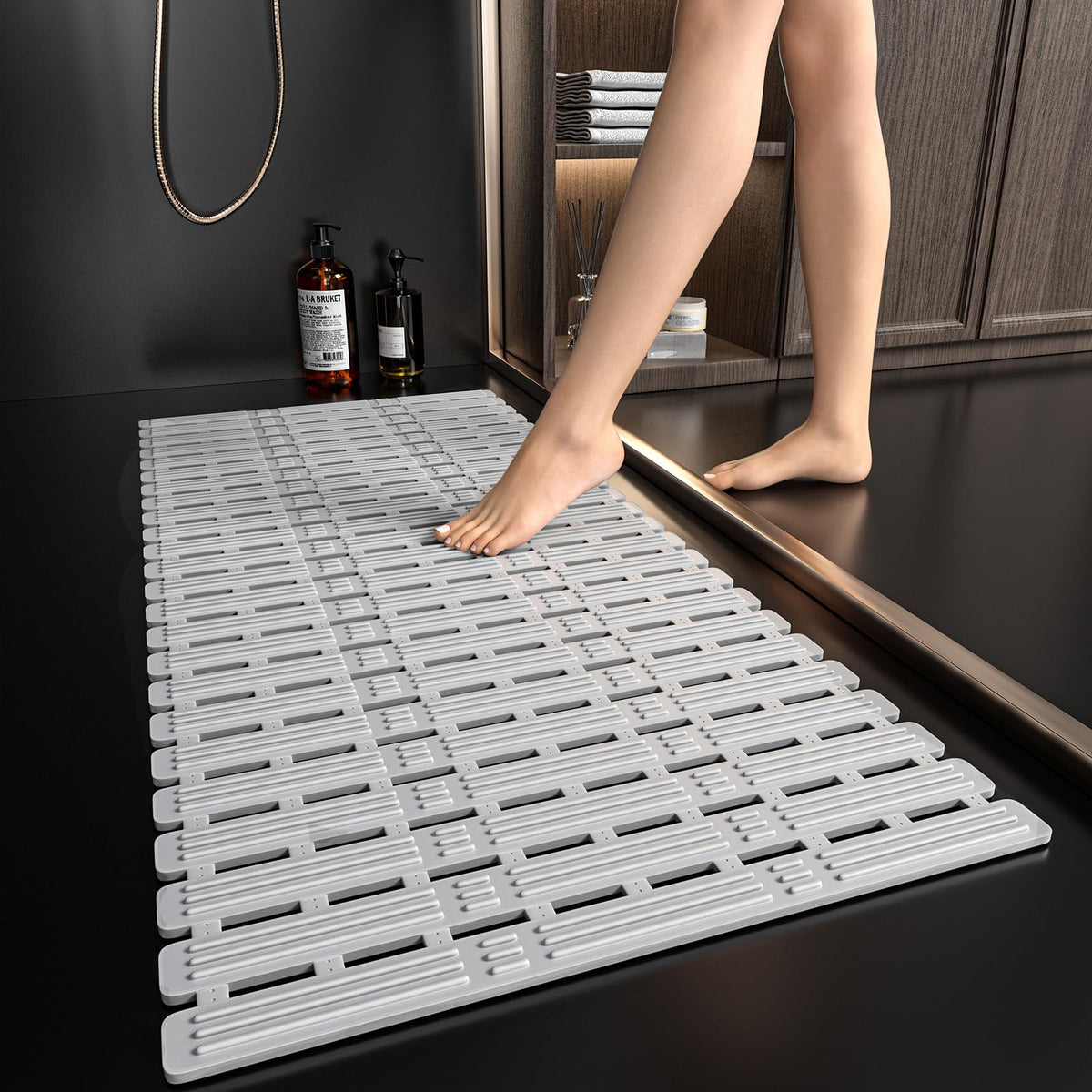 XIYUNTE Shower Mat Non Slip Bath Mat for Tub - 36 x 16 Inch Bathtub Mat Non Slip Shower Mat for Inside Shower, TPE Bath Mat with Powerful Suction Cup, Easy to Cut Bath Tub Mat, Grey