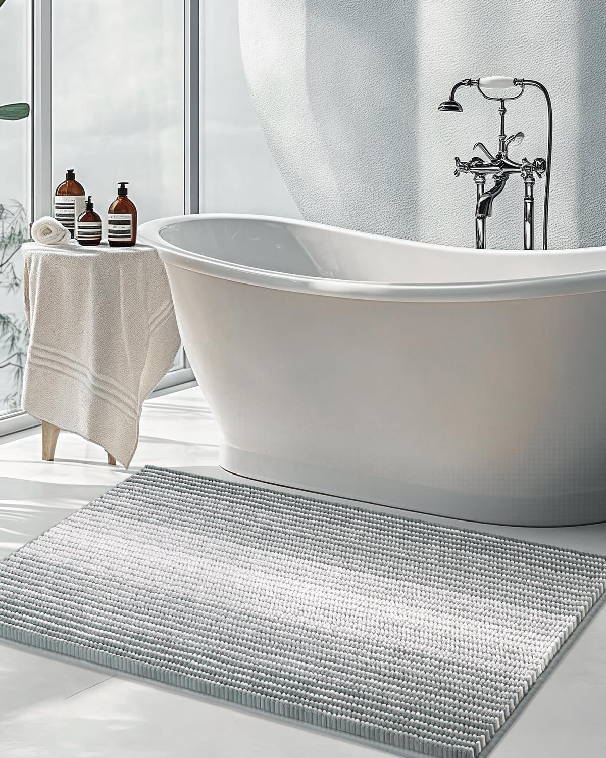 BSICPRO Bathroom Rugs Sets 2 Piece, Non Slip Striped Bath Mats, Fog Blue