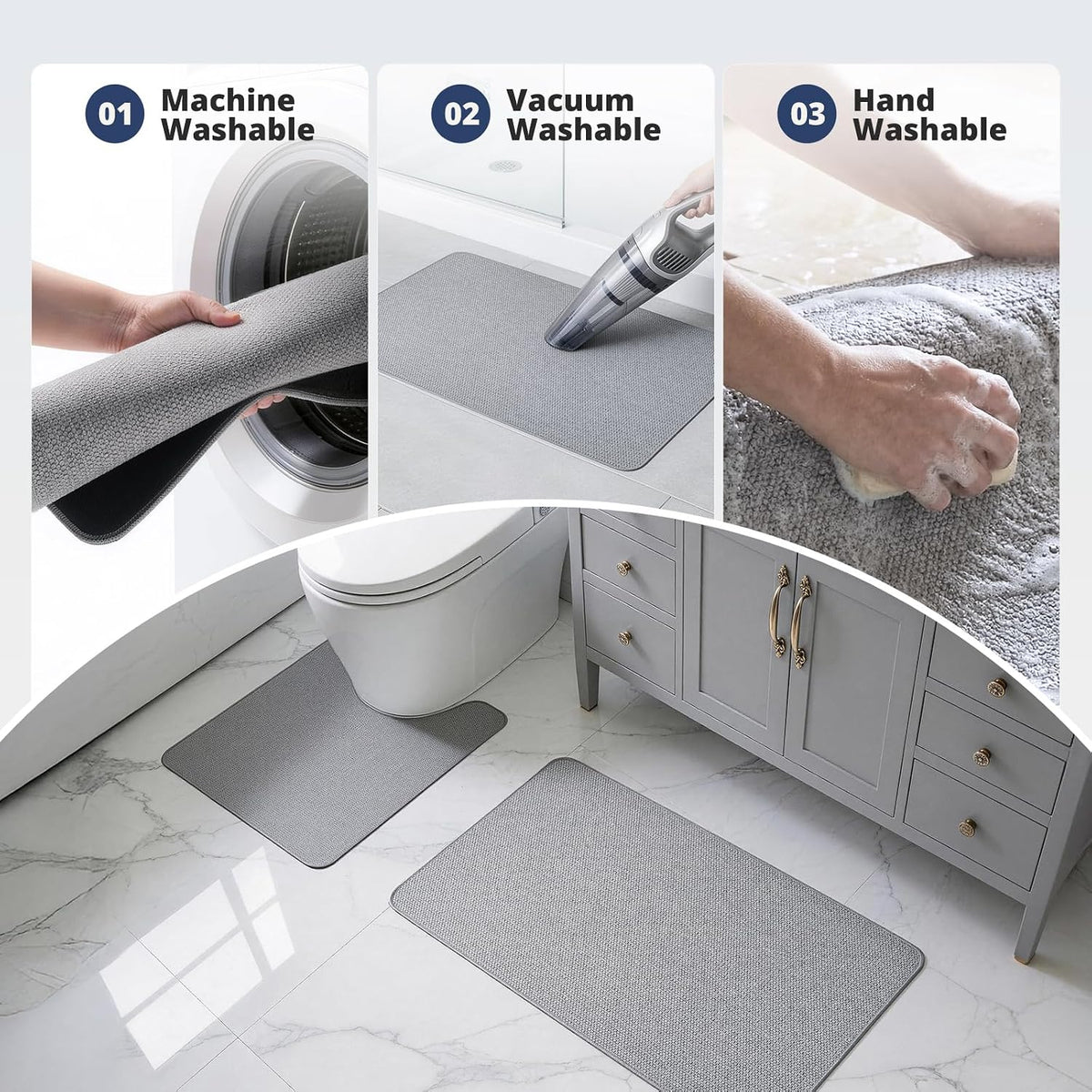 Bathroom Rugs Sets 2 Piece, Thin Bath Mat & U-Shaped Contour Toilet Rug Absorbent Quick Dry, Machine Washable, Non Slip Low Pile Bath Mats for Bathroom/Tub/Sink/Shower (27"x17" Plus 24"x20" U, Grey)